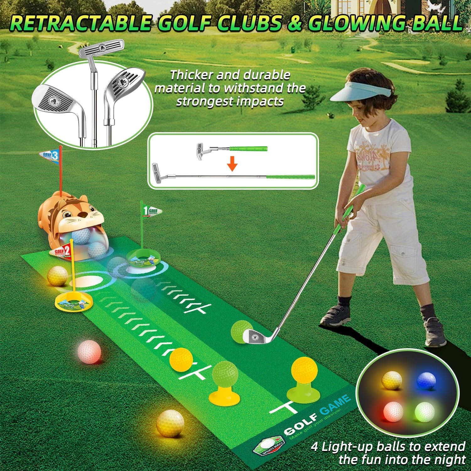 Toddler Golf Set for Age 3+ - Kids Golf Clubs Retractable with Light Automatic Golf Returner, 4 Glow Golf Balls and Putting Mat - Golf Games Sports Toys Gift for Outdoor Indoor Play - Image 4