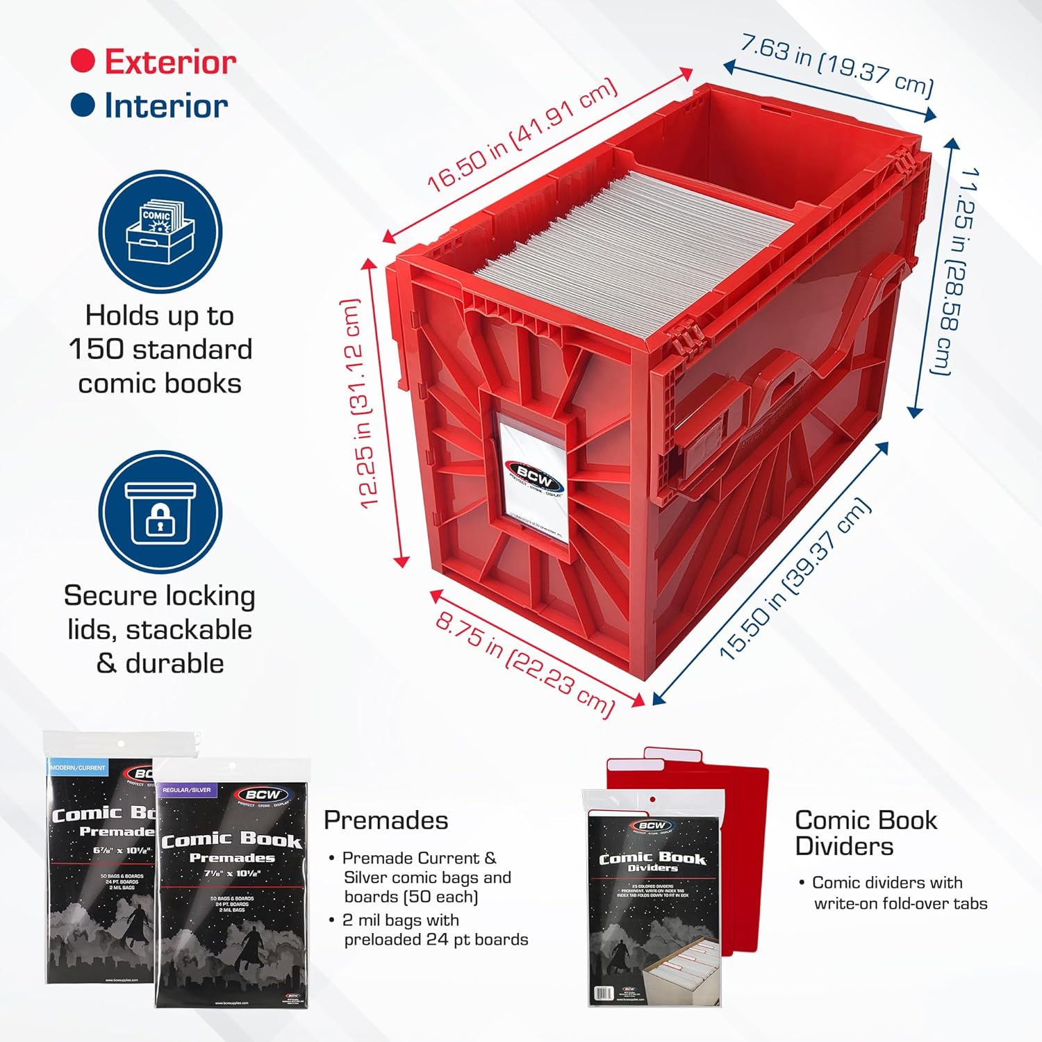 BCW Comic Book Bin Starter Kit with Short Comic Bin Dividers and Silver & Current Comic Bags and Boards, Archival Storage Box, Red