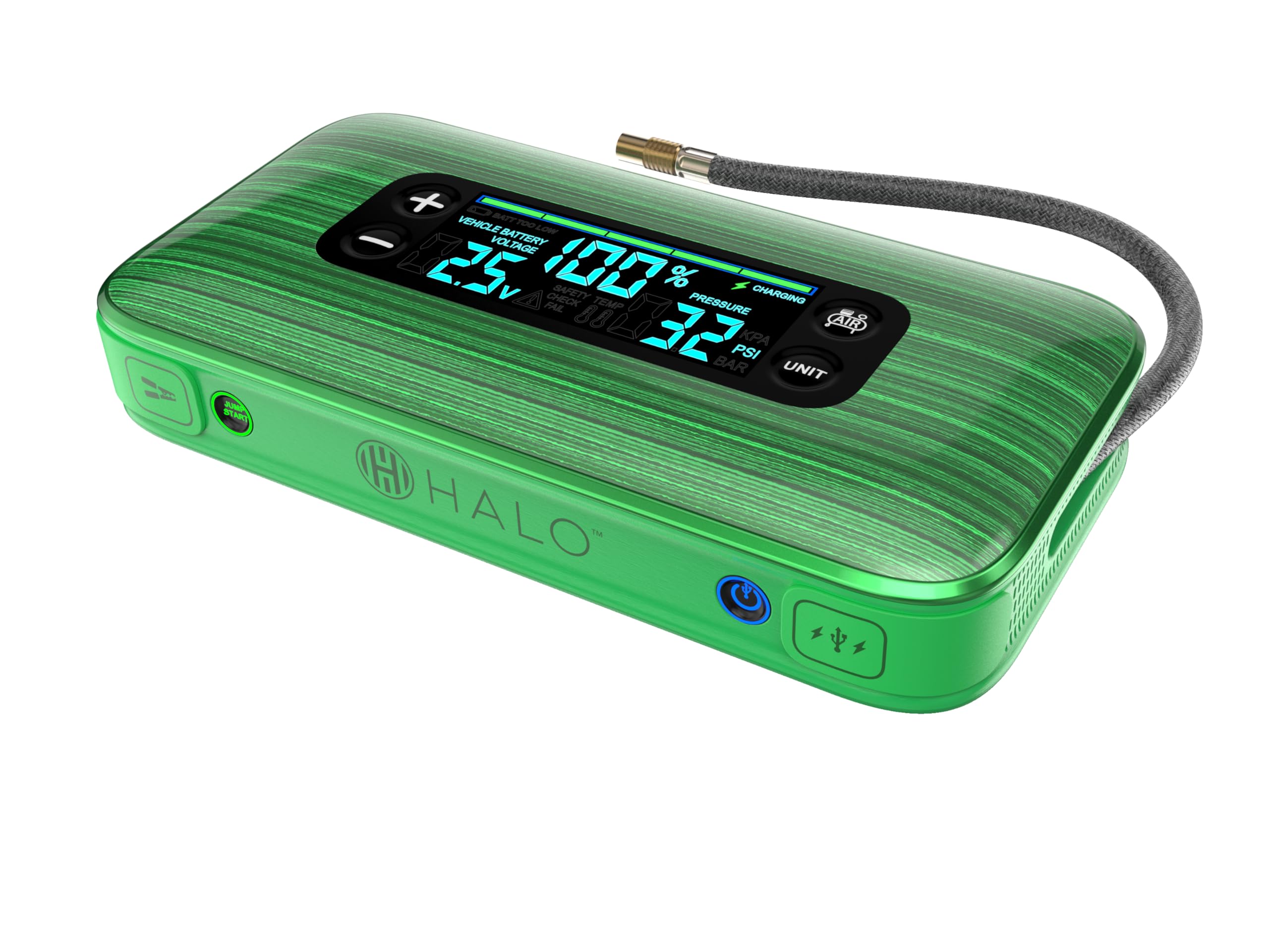 HALO Bolt Ultimate 3 Portable Car Battery Jump Starter | 130 PSI Air Compressor, 55.5Wh USB Power Bank, Large Display, Emergency Floodlight & Charger, Jumps Cars SUVs & Trucks, Inflates Tires — Green