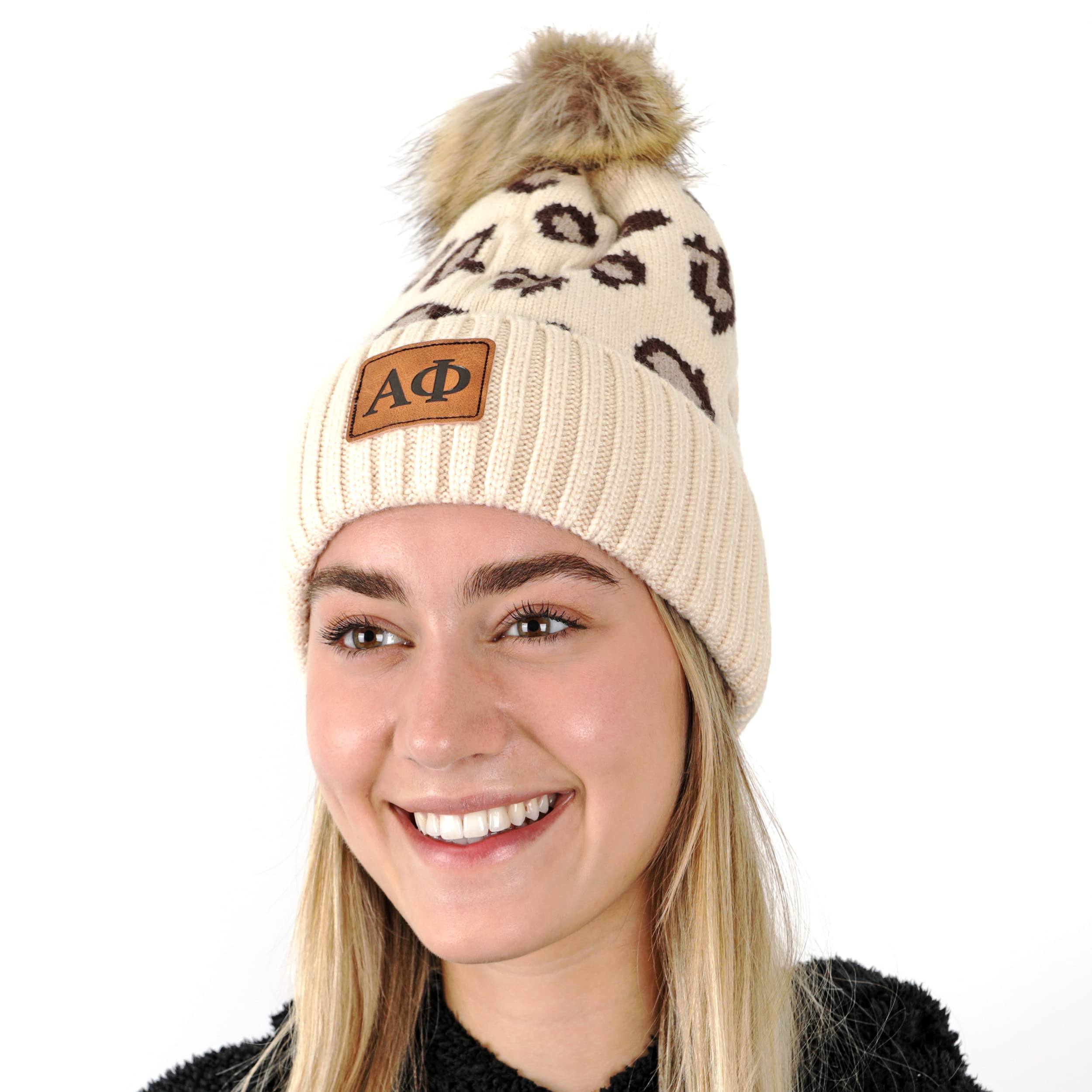 Sorority Shop - Alpha Phi Beanie Hat - Leopard Print - AP Name Patch