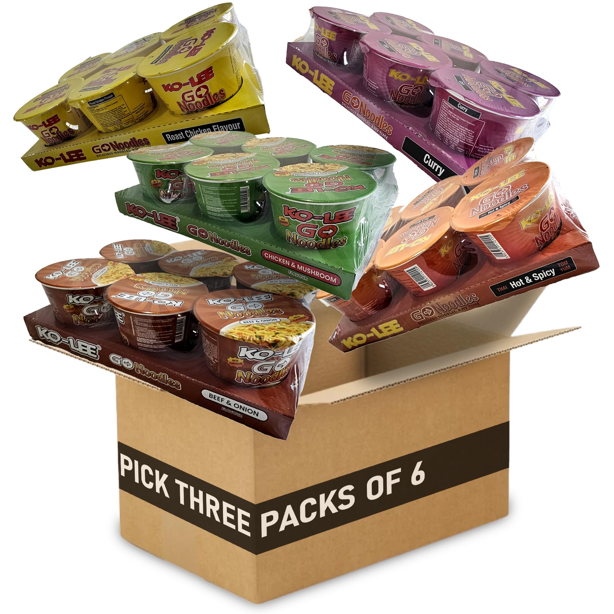 Ko-Lee Go Pot Noodles Custom Variety Pack – 3 Cases of 6 x 65g – Instant Noodles, Quick & Easy Meal, Convenient On-the-Go Snack, Flavour Assortment for Busy Lifestyles