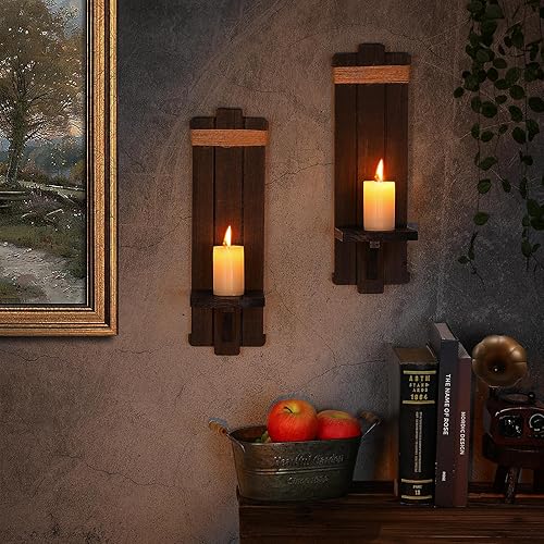Miniatura 4 de 2 portavelas rústicos de estilo gótico para montaje en pared, portavelas de madera para jarrón de flores, apliques de pared colgantes hechos a mano