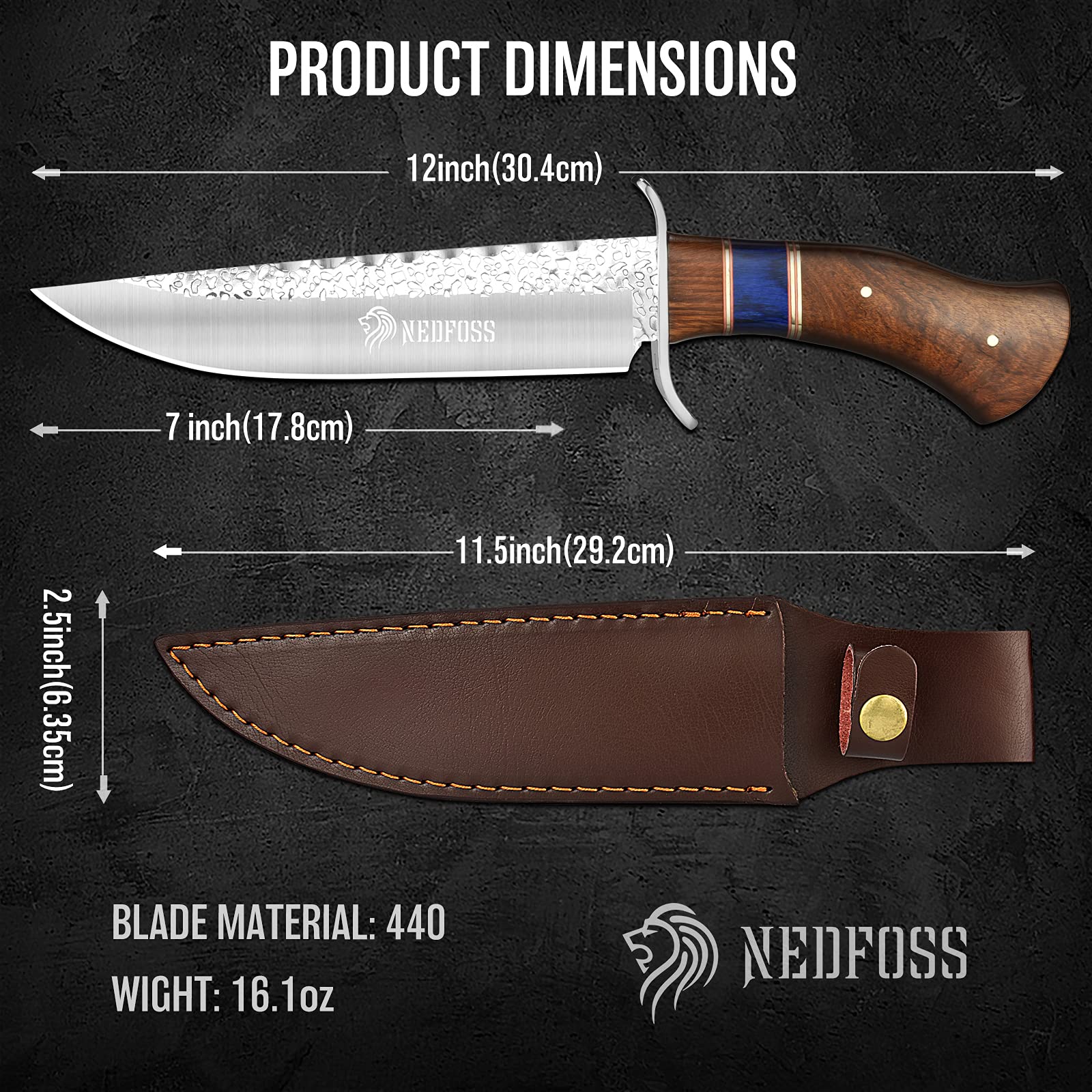 NedFoss Fixed Blade Hunting Knife with Leather Sheath, 12inch Full