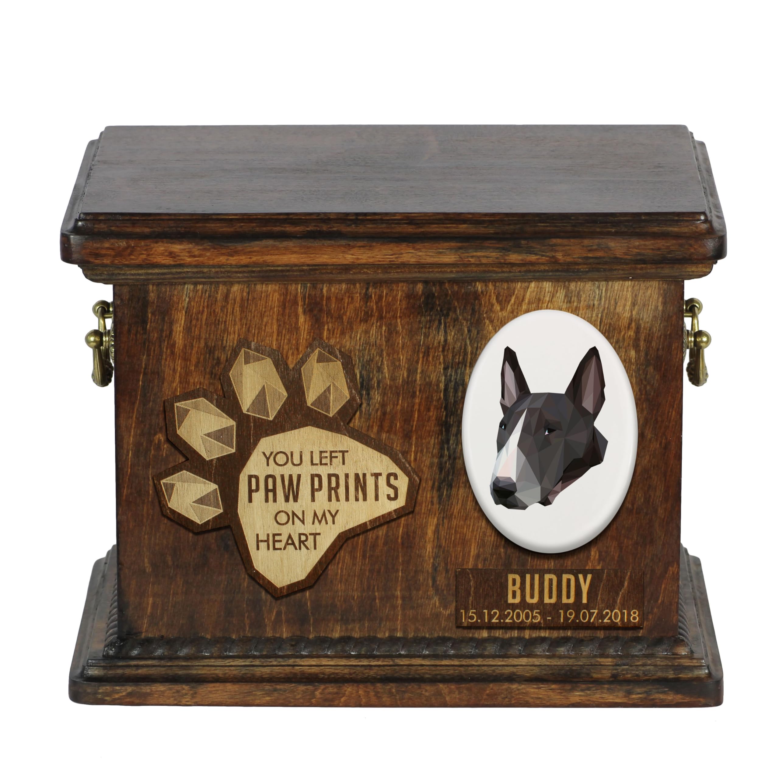 Art-Dog Custom Geometric Dog Memorial Urn - Handmade Wooden Urn – Decorative Ceramic Plate - Custom-made Dog Cremation Box for Ashes - 8,3x11,4x8,7” – Bull terrier — image 1