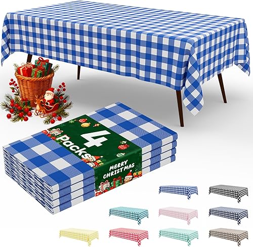 misaya Paquete de 4 manteles desechables de búfalo, mantel de plástico impermeable de 54 x 108 pulgadas, manteles rectangulares a cuadros azules y