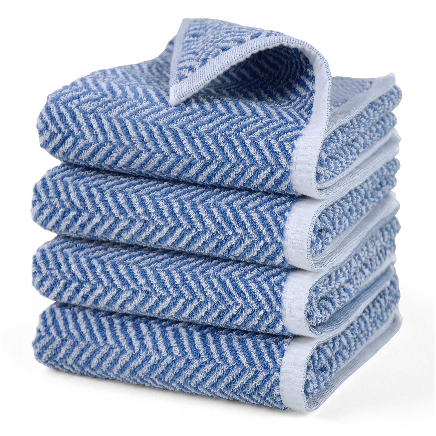 Cleanbear Hand Towels for Bathroom, 4-Pack Cotton Hand Towels with Herringbone Stripes, Ultra Soft and Highly Absorbent, Lightweight Thin Towels for Quick Drying 13 x 28Inches (Light-Blue)