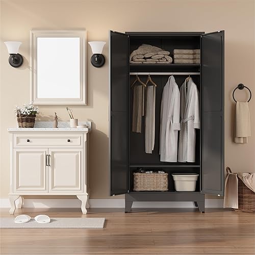 Miniatura 2 de Armario de metal Guardarropa Closet con Barra para Colgar, 71'' Gabinete Guardarropa de Metal con 2 Puertas y 2 Estantes Ajustables, Armarios de