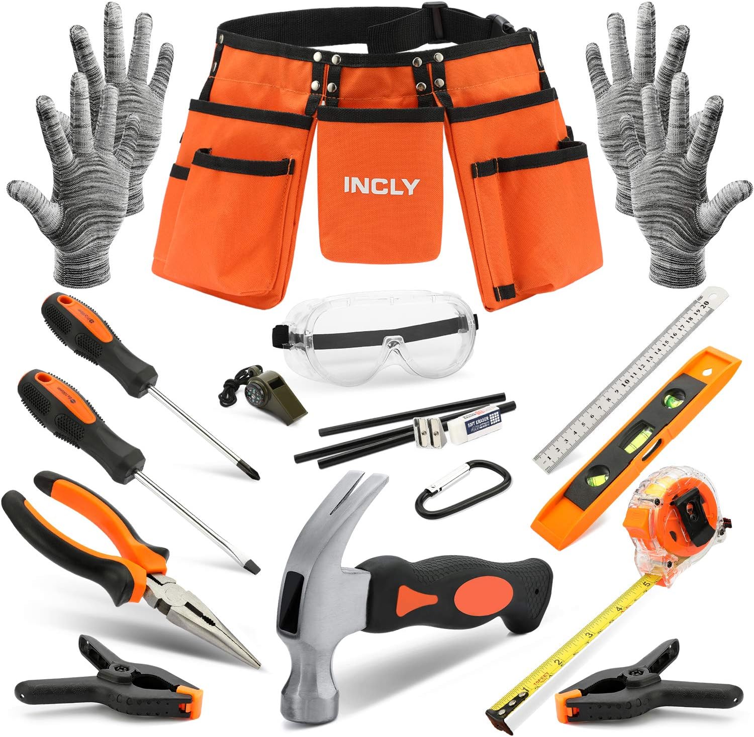 18PCS Kids Tool Set with Reinforced Belt, Adjustable Waist 20"-32", Boys Real Hand Tools Kit Children Construction Learning Tools Hammer Screwdriver for Home DIY Building & Woodworking
