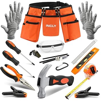 INCLY 15pcs Young Builders Tool Set with Real Hand Tools Kids Learning Tool Kit for Home DIY and Woodworking