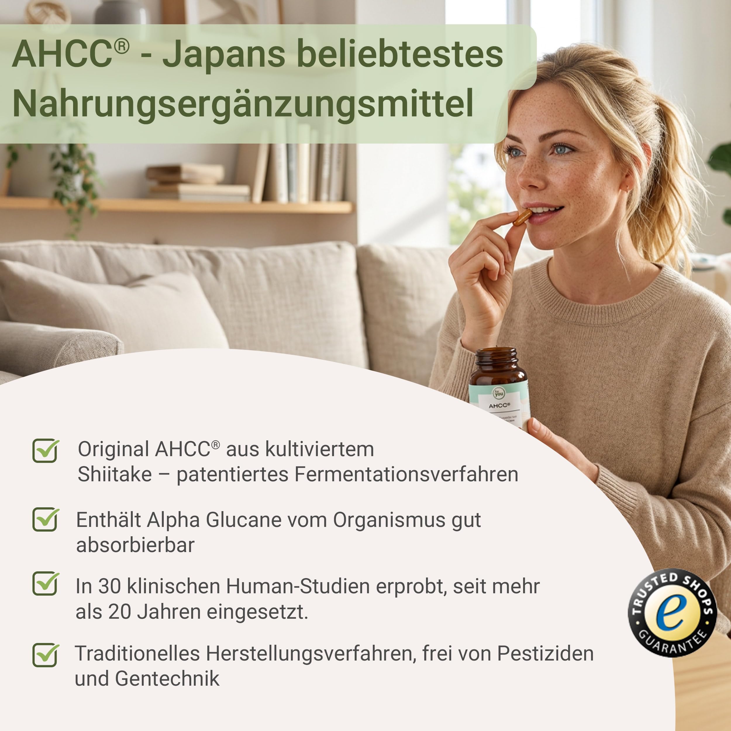 for you AHCC Kapseln 60 Stück – kultivierter Extrakt aus Shiitake Pilz mit Alpha-Glucanen | 1.000 mg pro Tagesdosis | fermentierter Pilzextrakt | Nahrungsergänzungsmittel