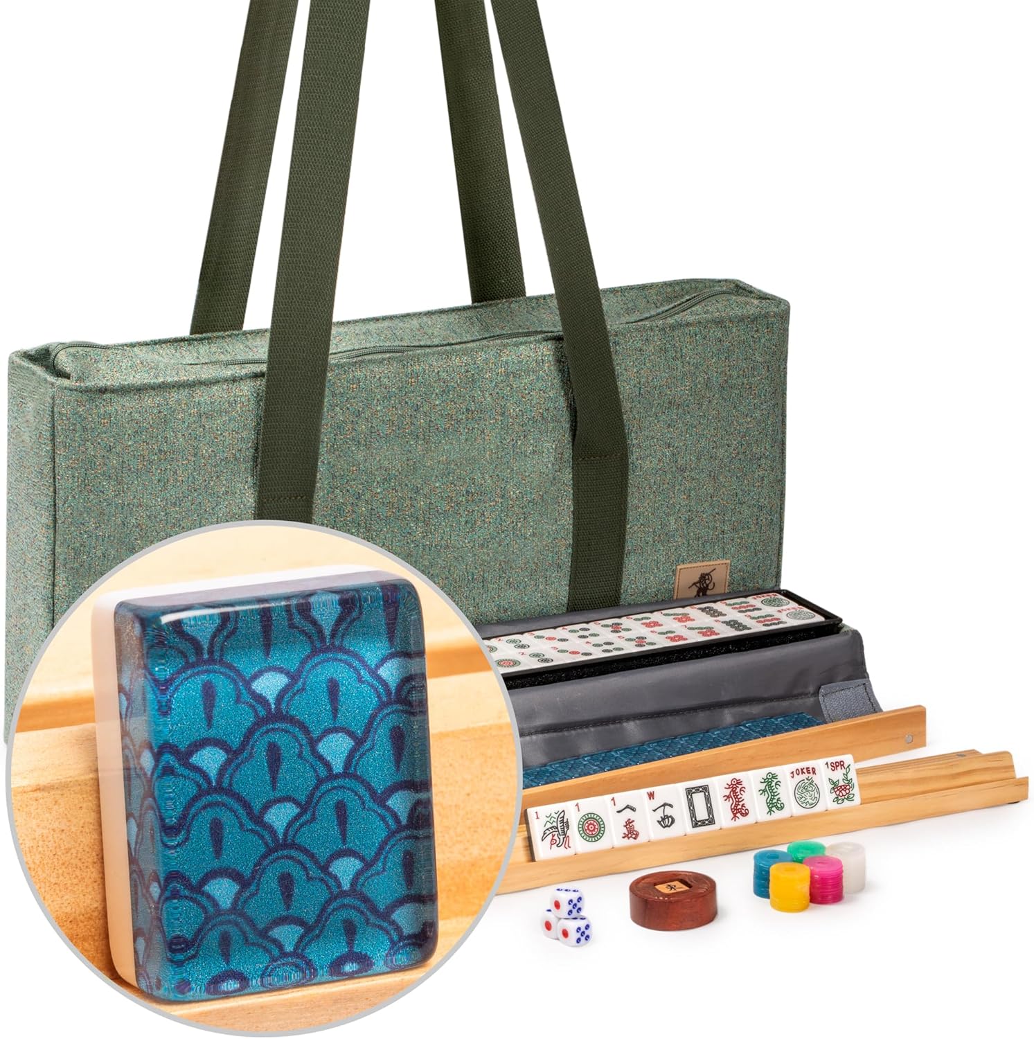 Yellow Mountain Imports American Mahjong Set, Atlantica with Fabric Case, 4 Wooden Pusher Racks, Wind Indicator, Dice & Wright Patterson Count Scoring Coins Ocean Teal