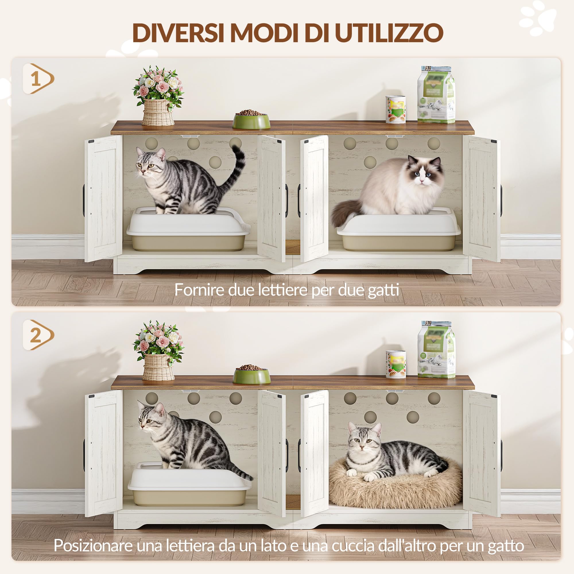 Mobile Lettiera per Gatti per 2 Gatti, Mobiletto per Lettiera Nascosta, Cuccia per Gatto da Interno, Legno Tavolino Laterale con Tappetino Graffiante, 140 x 50 x 55 cm, Marrone e Bianco