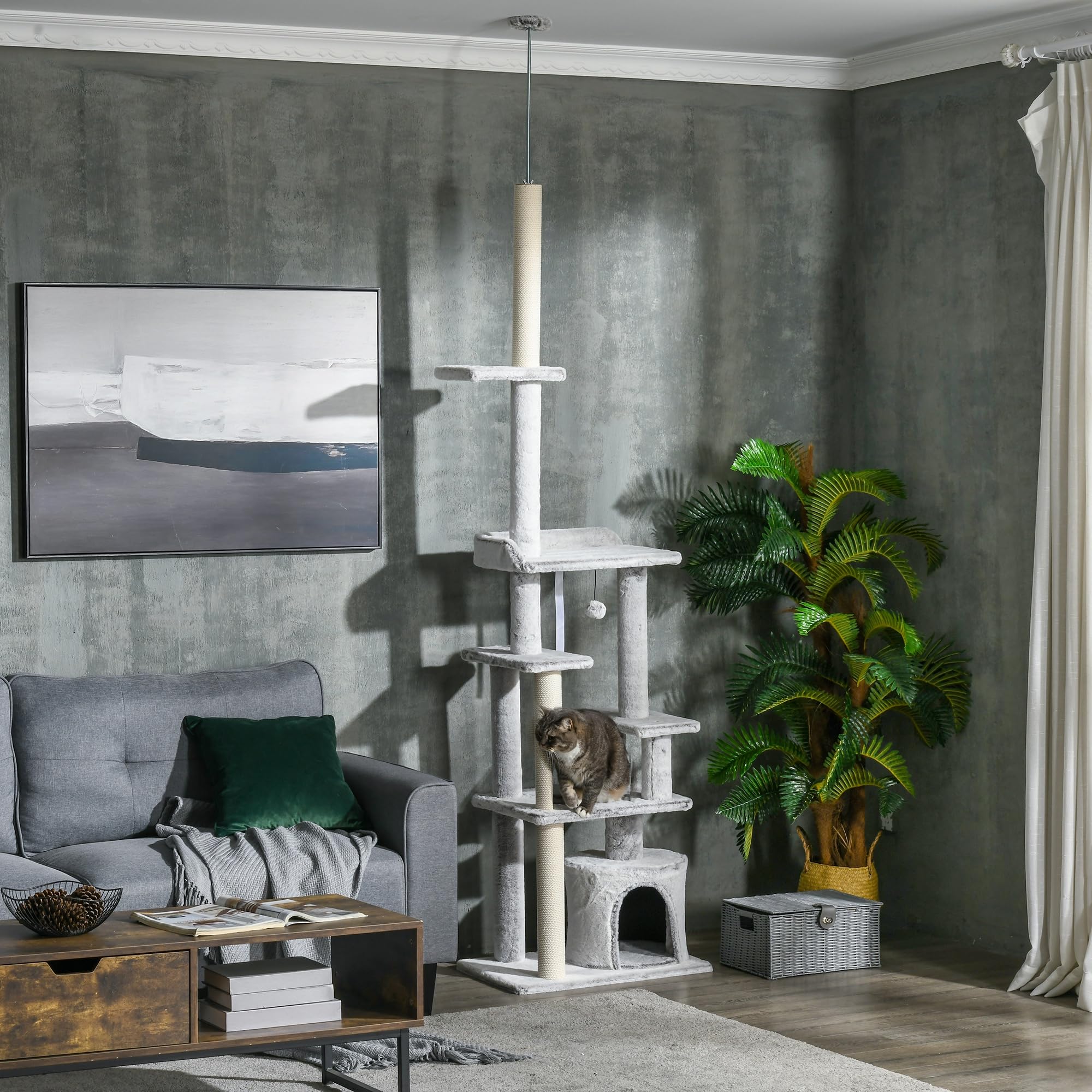 PawHut Tiragraffi per Gatti a Soffitto con Casetta 60x40x225-255cm Grigio | Albero per Gatti da Pavimento, 6 Livelli, Pali Tiragraffi