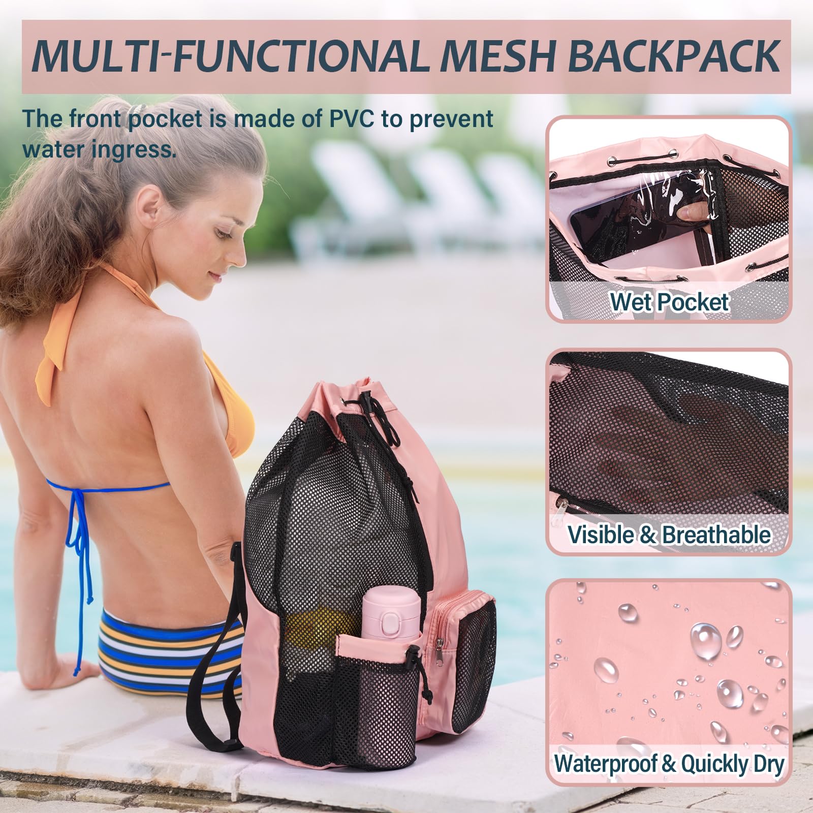 Sac Piscine Résistant à l'eau Sac Cordon Séparation Humide et Sèche, Sac de Sport en Maille Sac à Dos Sportif pour La Natation, Sacs à Dos pour Enfants Adultes Natation Gym Plage Sport