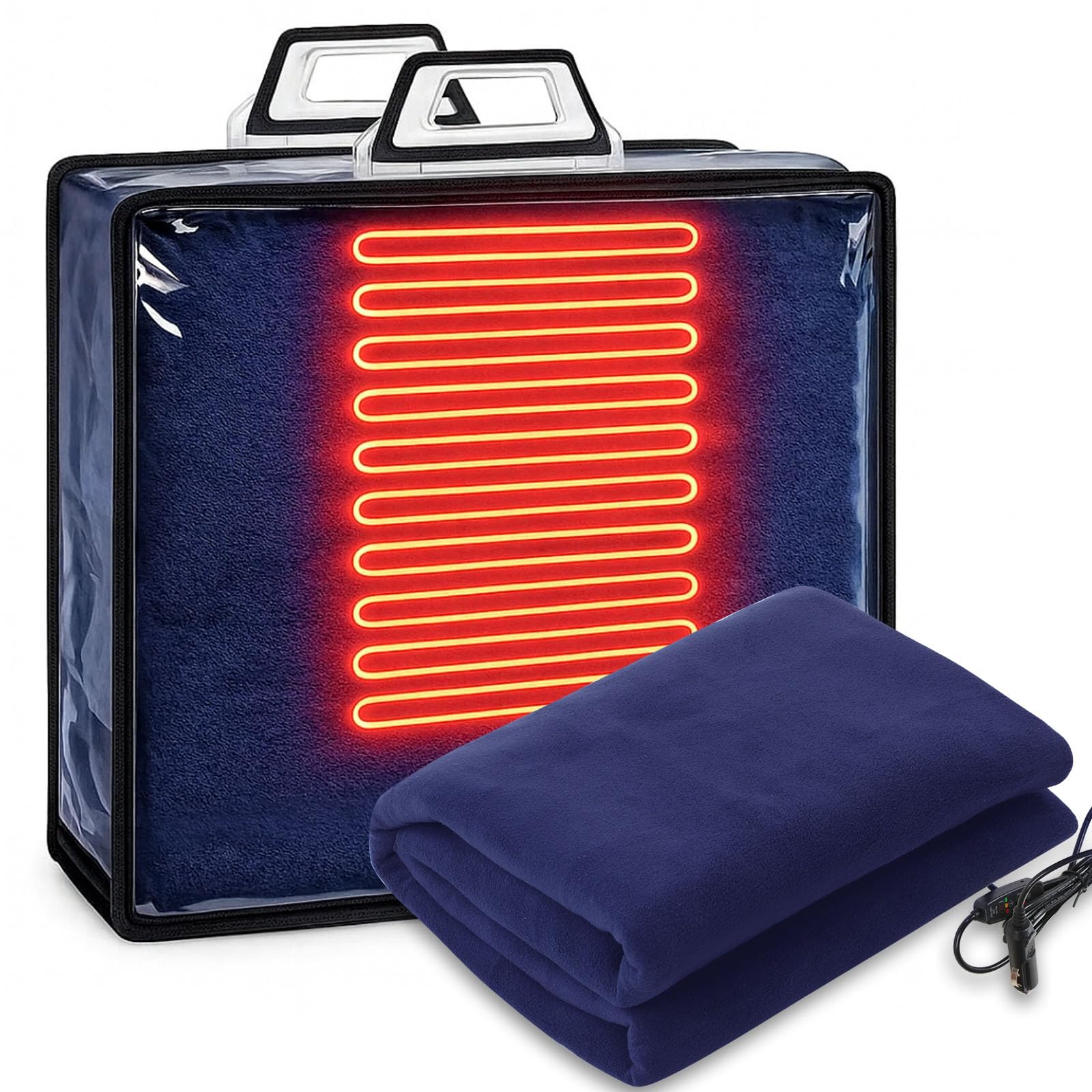 Tuanse 58x43 Inches 12v Heated Car Blanket Plug in, Navy Blue, Blank