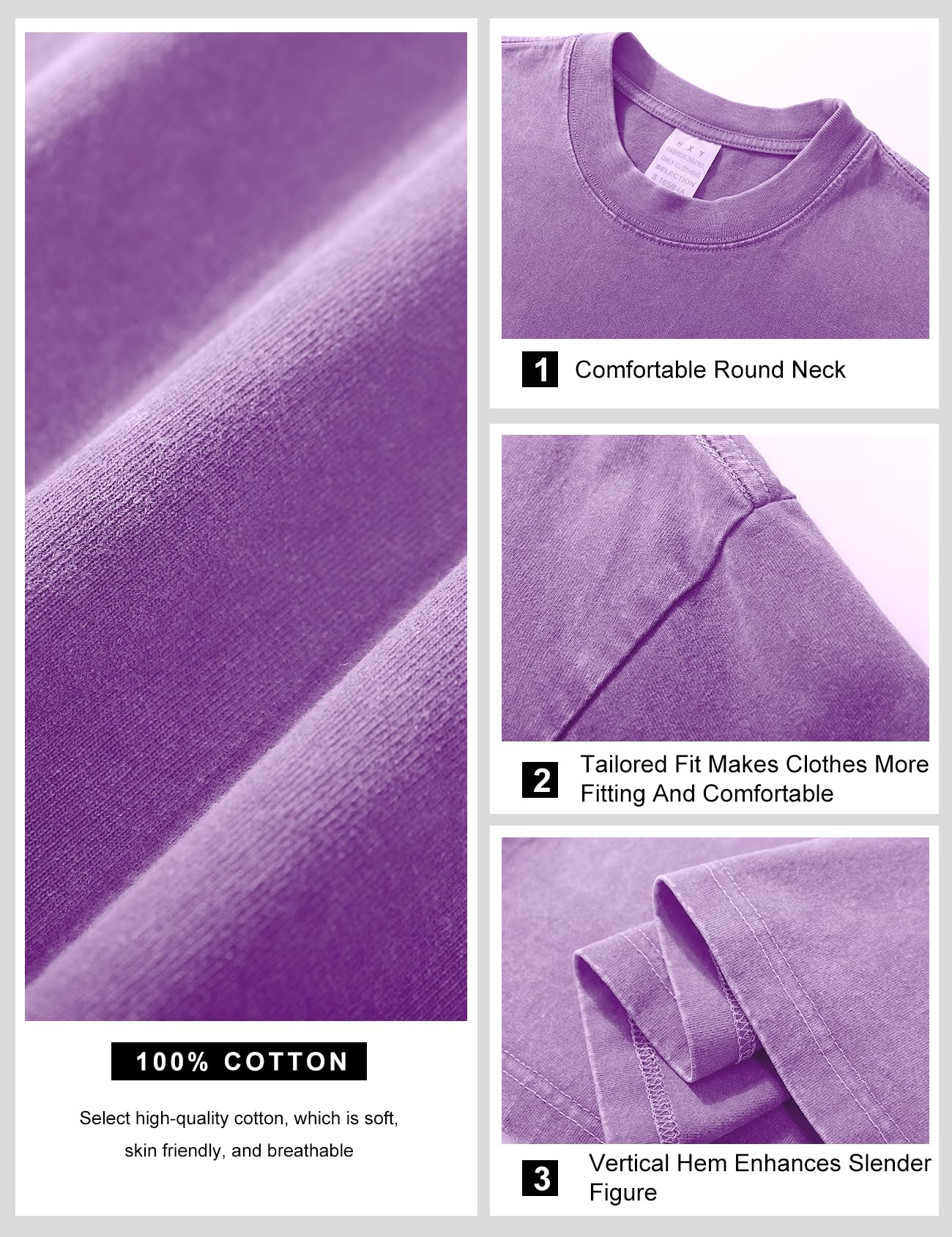 Eisctnd Camisetas de Gran tamaño para Hombre, 3 Piezas, Unisex, Vintage, de algodón Lavado con ácido sólido, Estilo Casual, Estilo Hip Hop, Negro, Morado y Gris, S