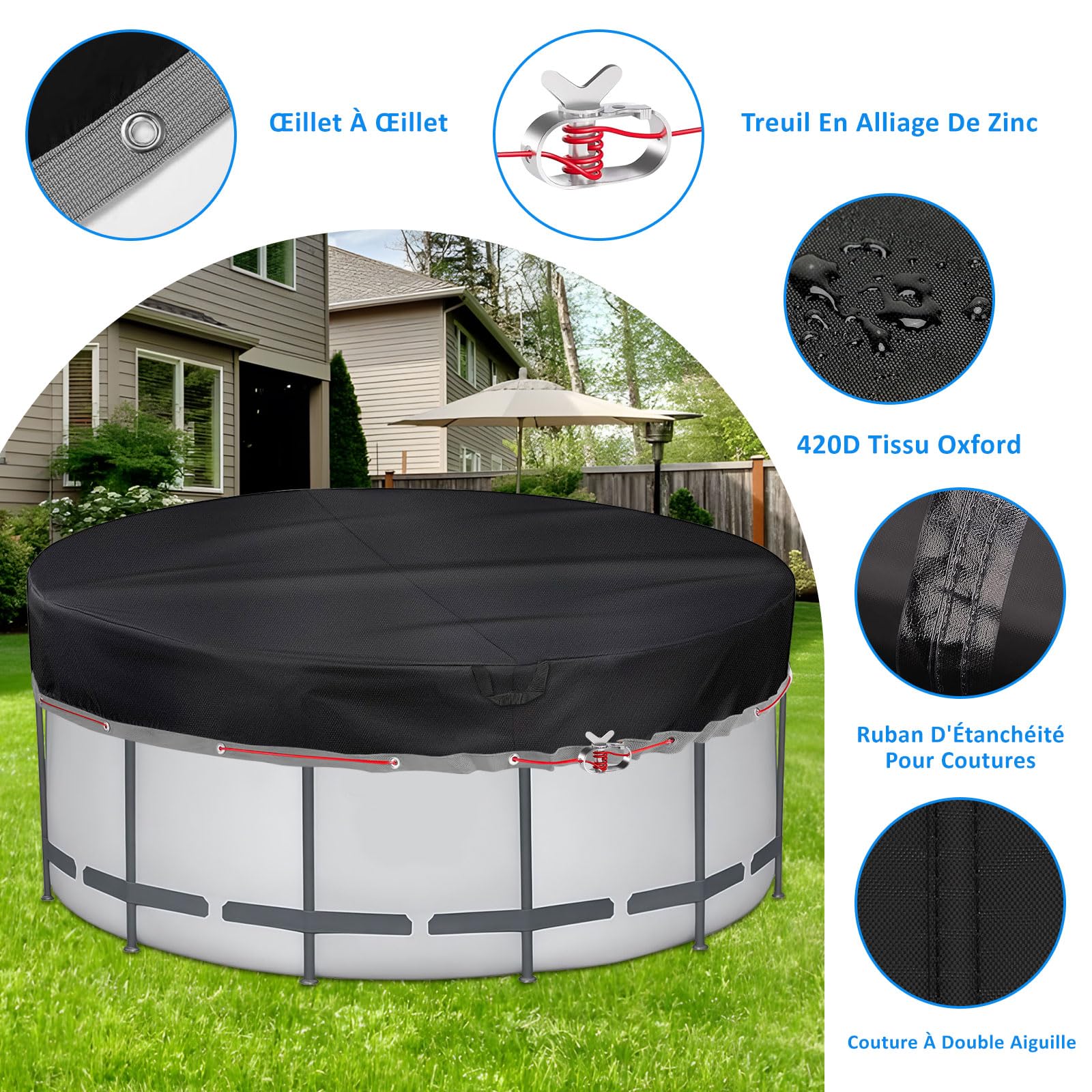 Bâche de Piscine Ronde 366 Oxford 420D Ø371 pour Piscine Ø320-366cm