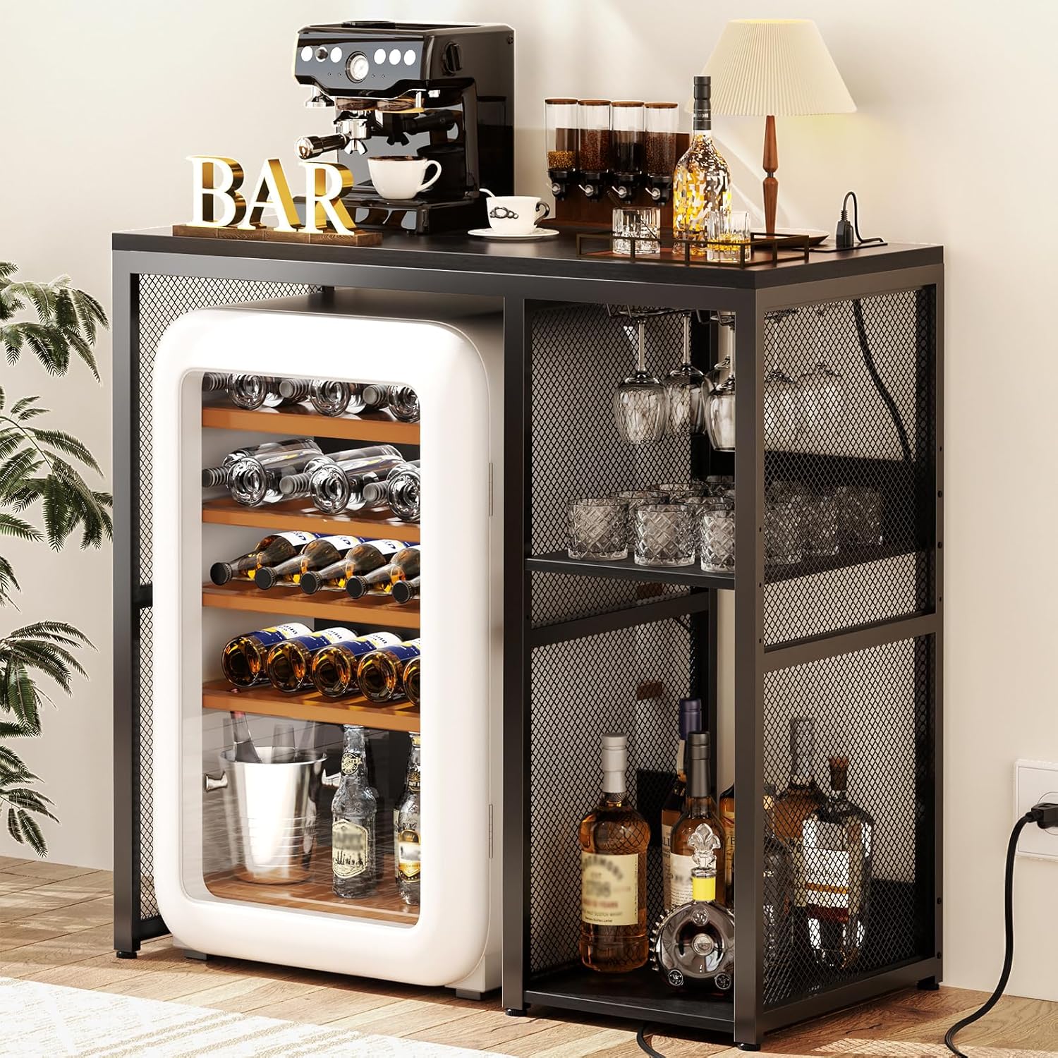 Homieasy Mini Fridge Stand with Power Outlet, Coffee Bar Cabinet with Mini Fridge Space, Industrial Liquor Cabinet with Wine Rack & Glass Holder for Living Room, Home Office, Man Cave, Black