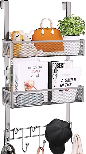 Miniatura 18 de Consumest Organizador de Ganchos Sobre la Puerta - Colgador de Puerta Extra Largo con 9 Ganchos para Abrigos y 2 Cestas de Malla, Organizador