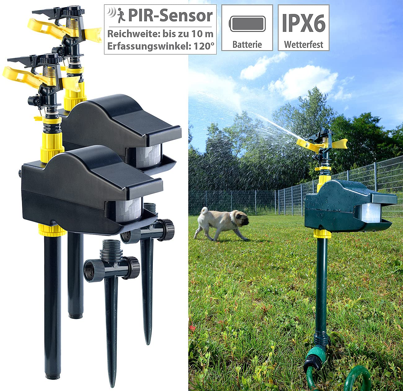 Exbuster Tierschreck: 2er Pack Wasserstrahl-Tiervertreiber, Bewegungsmelder, (Katzenschreck Bewegungsmelder, Wasserstrahl Tierschreck, Hund)