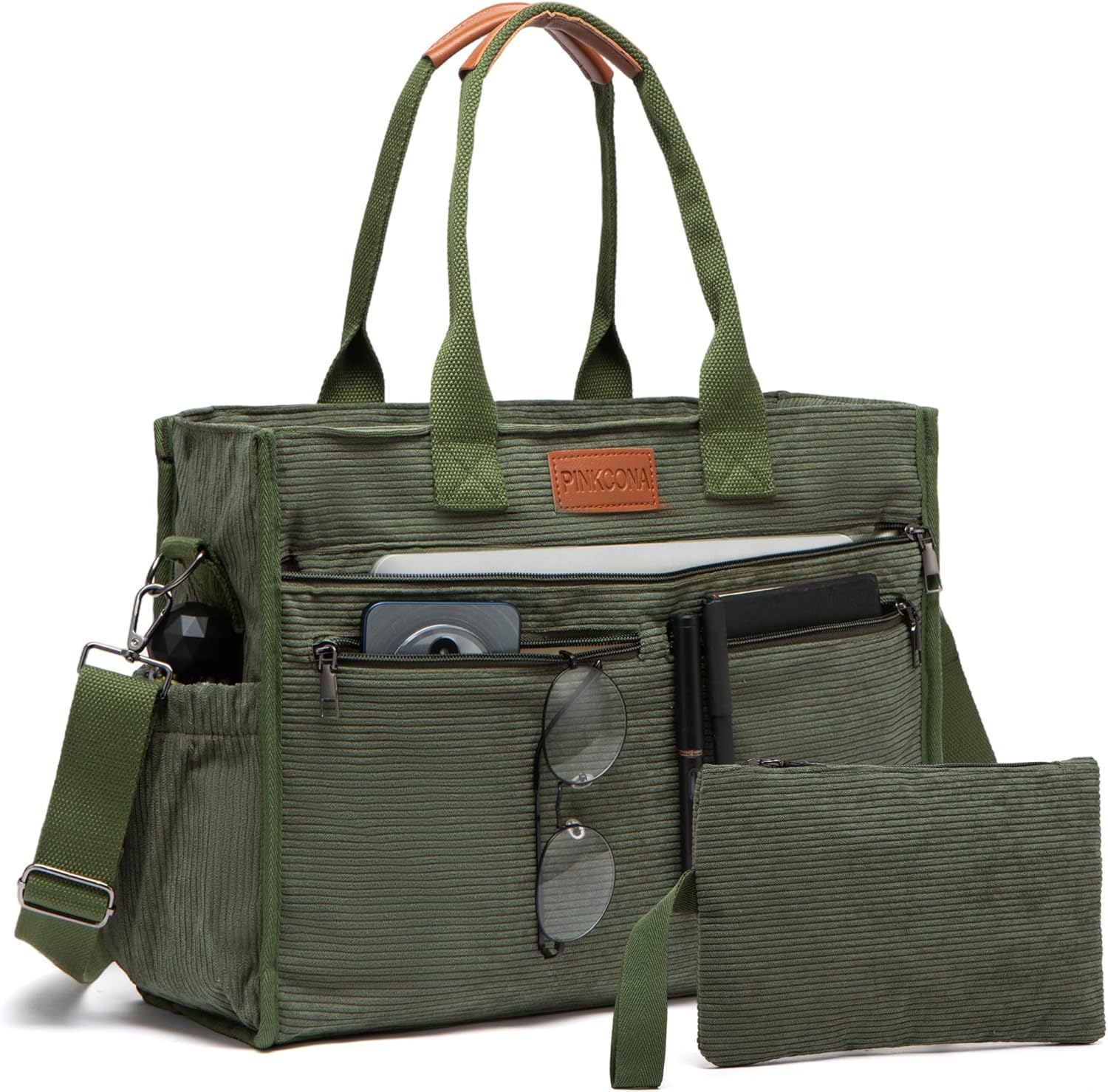 Corduroy Tote Bag for Women 2Pcs Set, 14-Pocket Lightweight Laptop Work Tote, Teacher & College Travel Crossbody Bag