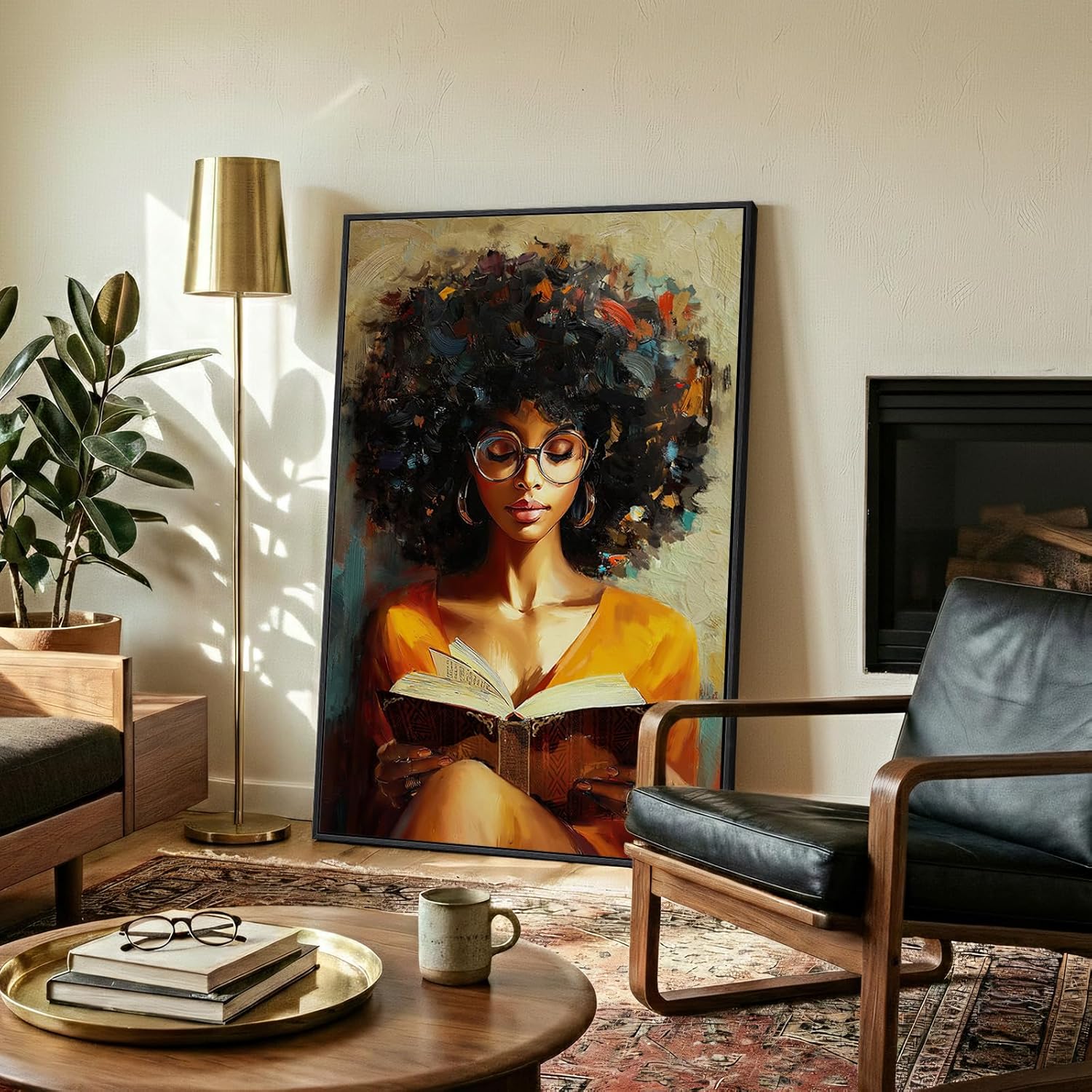 Framed African American Black Woman Reading Wall Art, Modern Colorful Black Girl Portrait Canvas Print, Elegant Intellectual Black Art Decor for Living Room, Bedroom, Home Office, Library 24x36 Inch