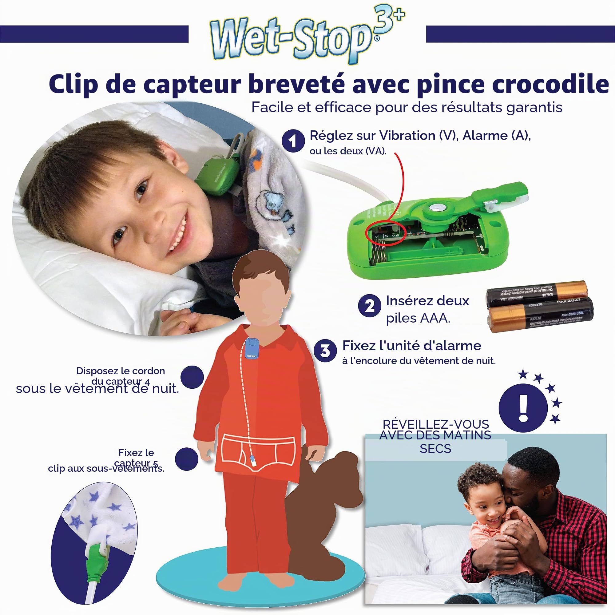 Wet-Stop 3 Alarme Enuresis Verte avec Sonore et Vibration Capteur d'humidité pour Garçon Fille
