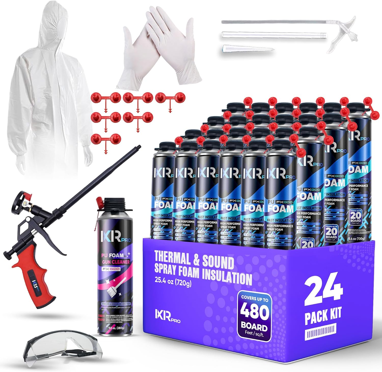 Spray Foam Insulation Kit (24 PK Kit-25.4oz) Expanding Sealant, Closed Cell Spray Foam Heat Acoustic Insulation, High Density, Cleaner, Gun