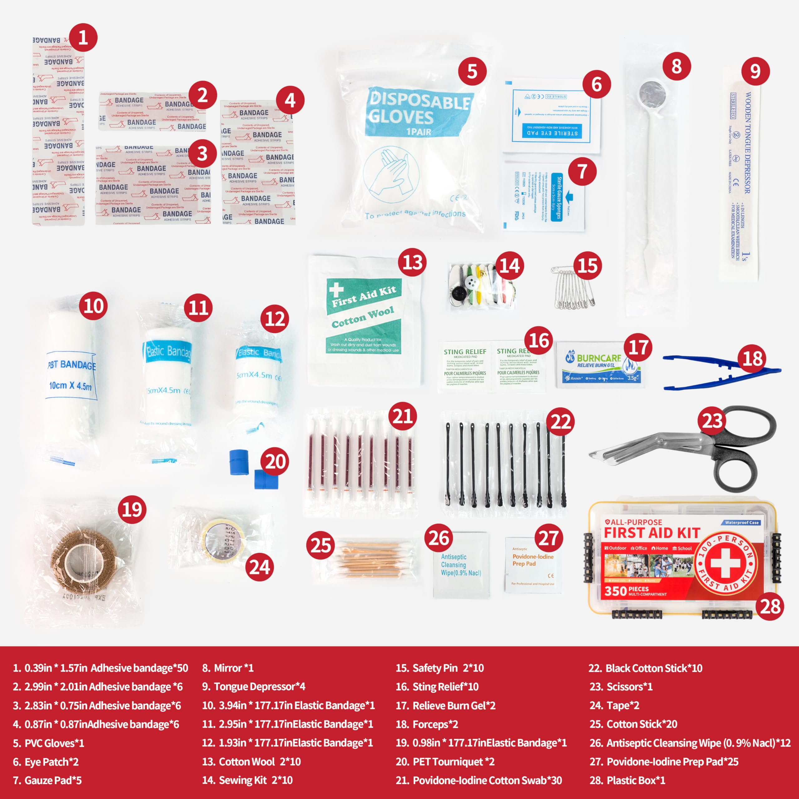 Prelady Kit de primeros auxilios de emergencia multiusos de 350 piezas para 100 personas, estuche de plástico impermeable, claramente organizado para una recuperación rápida, perfecto para el hogar