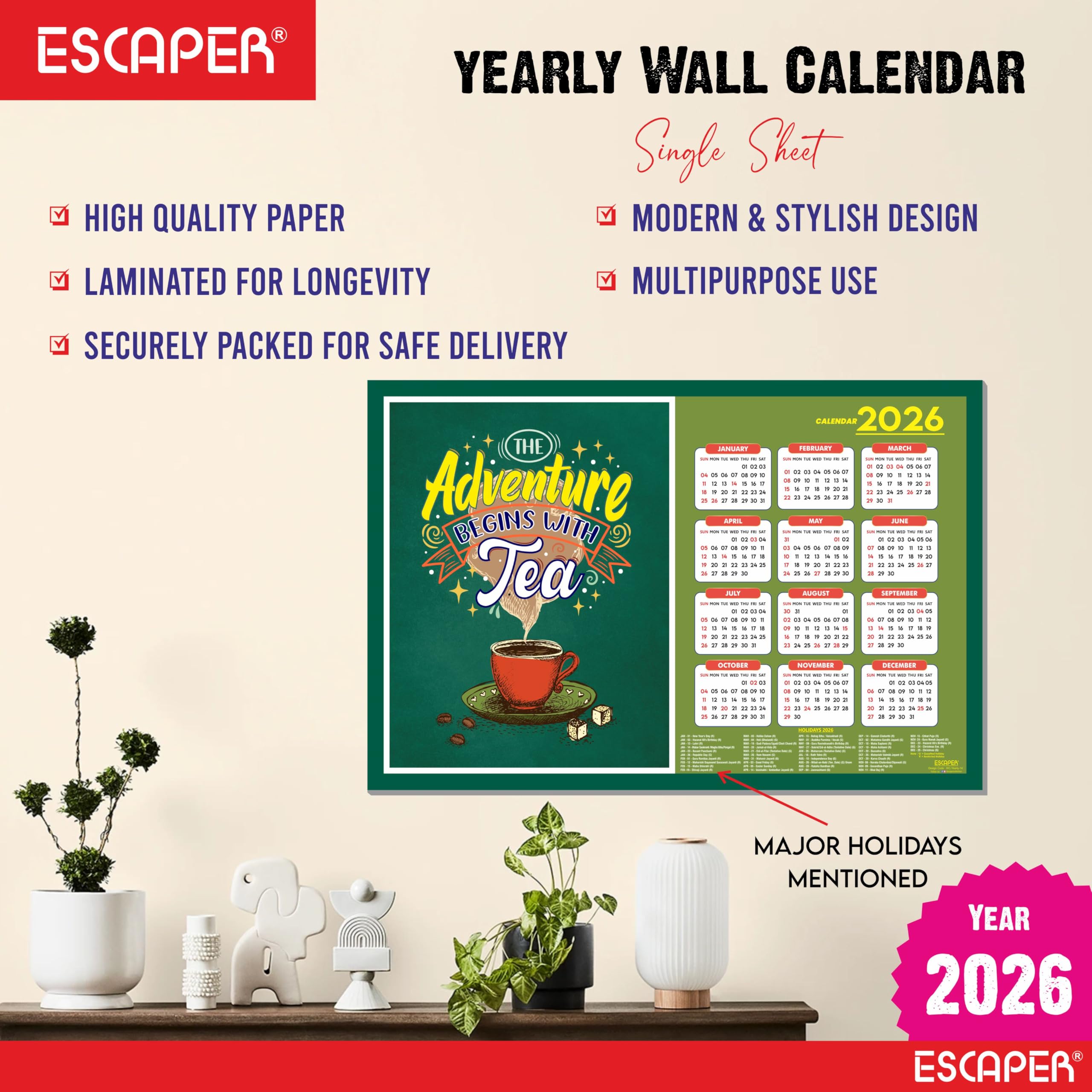 ESCAPER Tea Lovers - Calendario de pared 2026 – 12 x 18 pulgadas, papel laminado de 300 g/m², calendario autoadhesivo de una sola página para decoración de oficina, hogar y cafetería, regalo perfecto