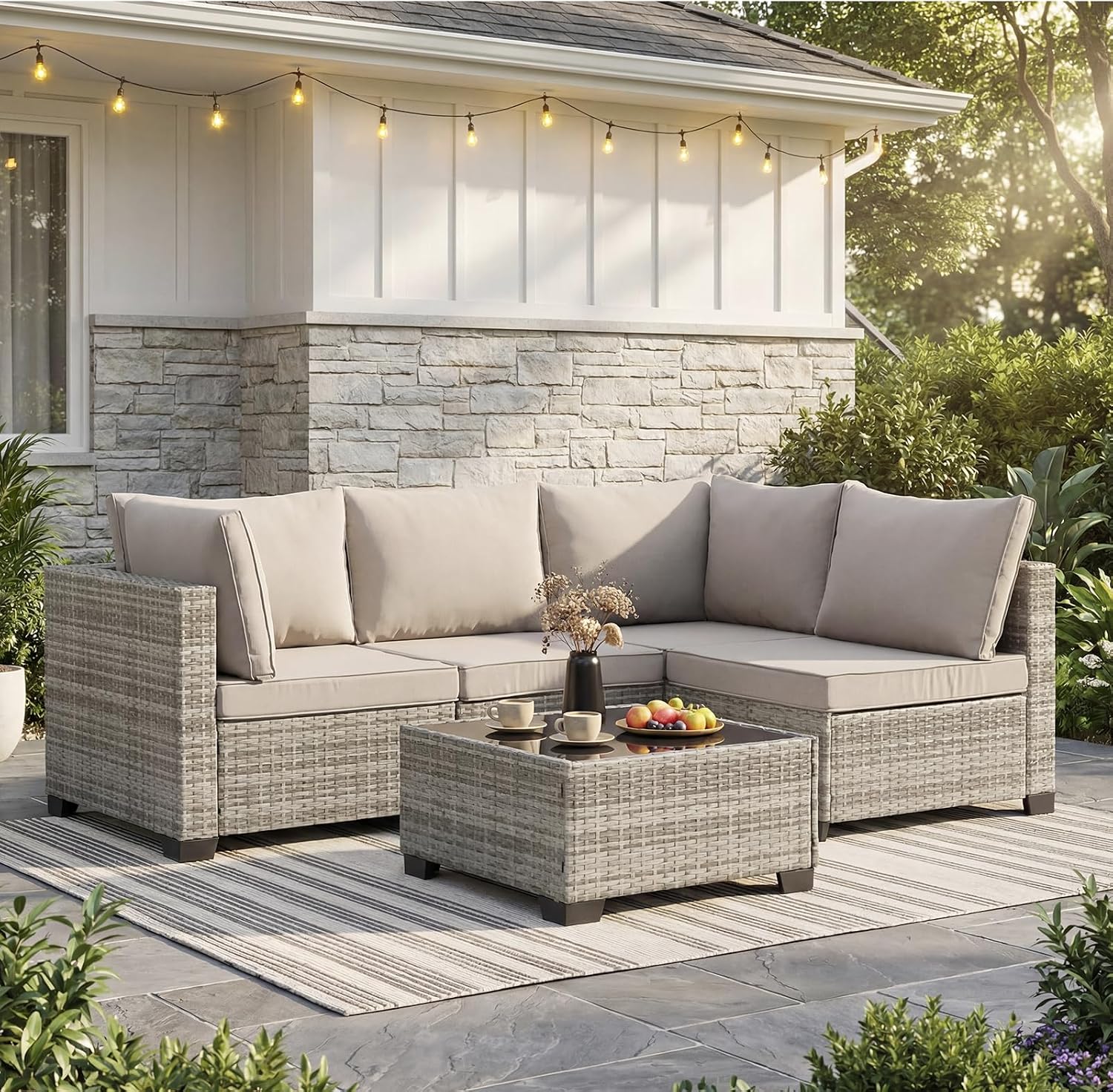 ANJ 5 Piece Outdoor Wicker Patio Furniture Set, Modular Loveseat Sofa with with Glass Top Coffee Table, All-Weather Rattan Conversation Couch Set for Balcony, Backyard, Light Grey Wicker-Grey