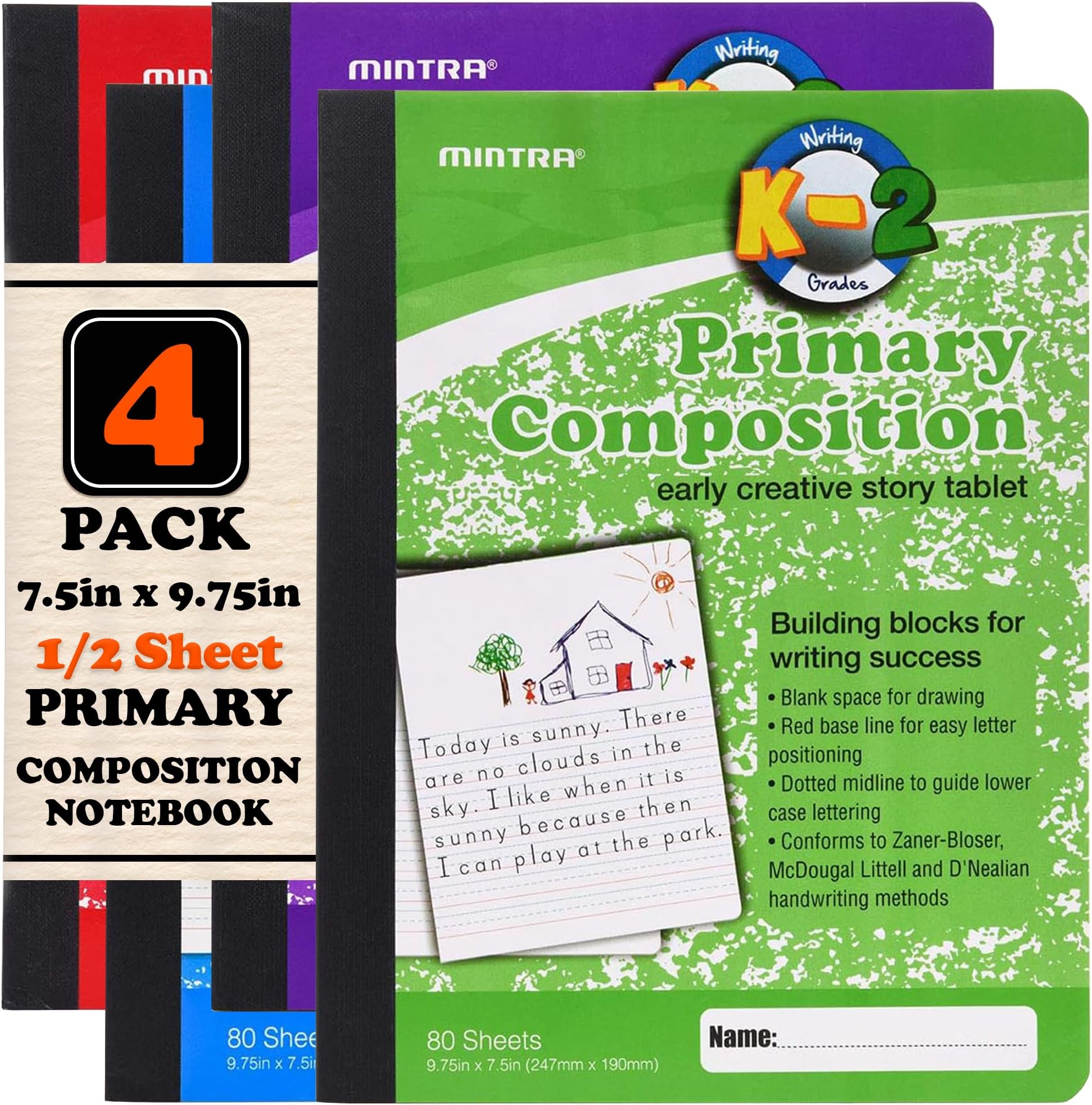 Mintra Primary Composition Notebook, 4 Pack, Assorted Colors 80 Sheets, 7.5in x 9.75in, 1/2 Sheet, Ruled with Drawing Area, Flexible Hardcover Journal, Grades K-2, School & Home Use