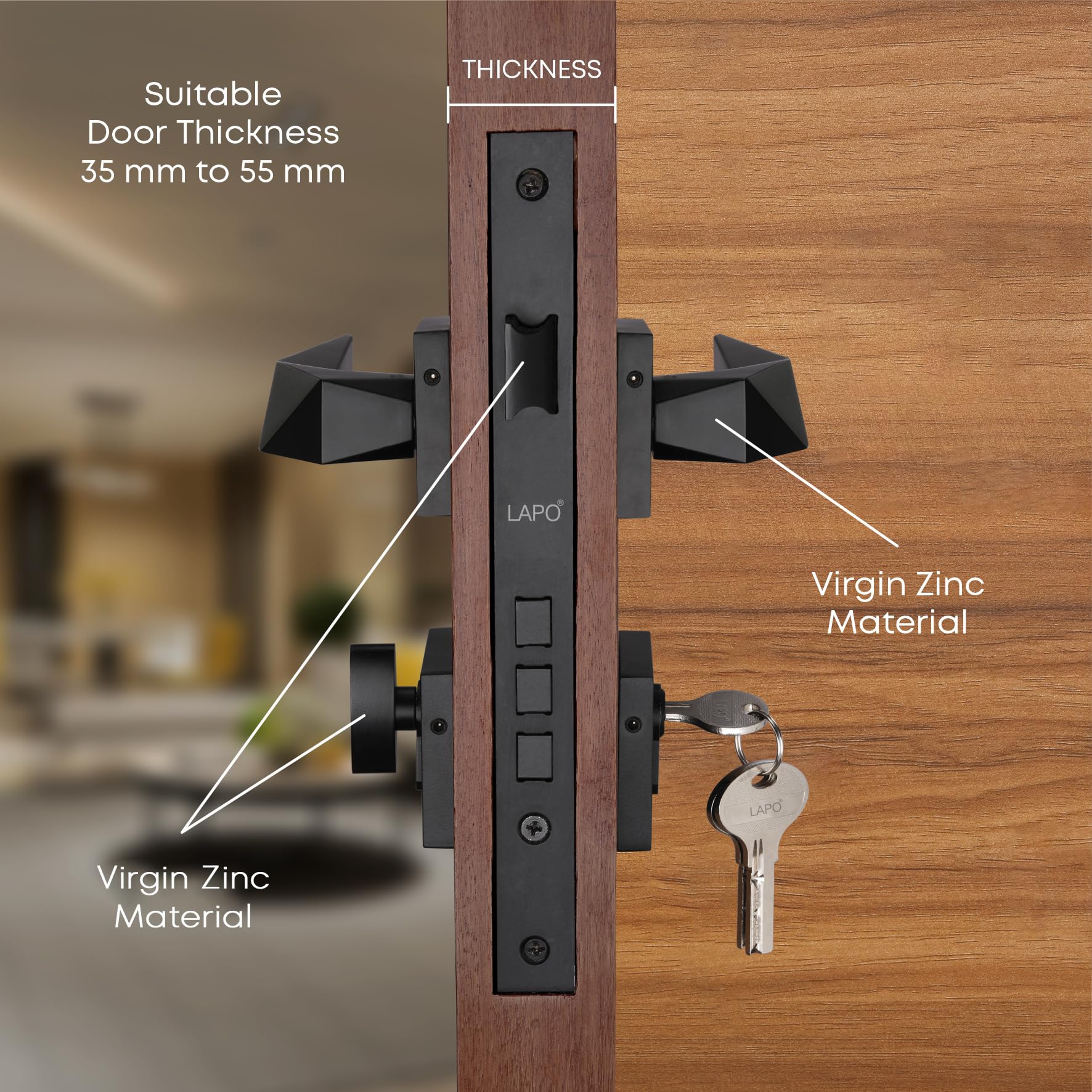 Lapo Premium Mortise Lock Set - 3 Brass Keys -8