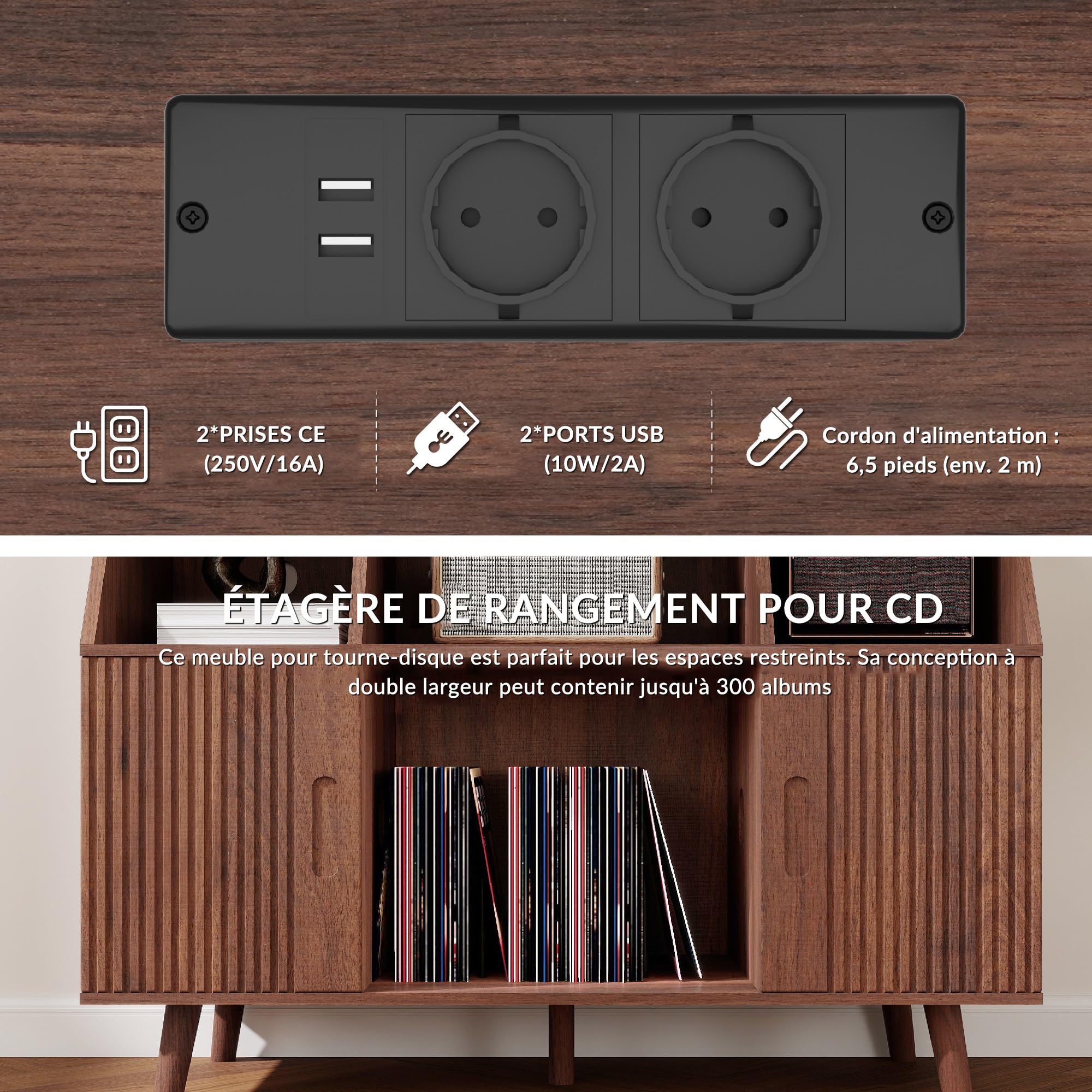 Meuble Platine Vinyle avec Rangement Bois, Meuble de Rangement Vinyle et Tourne Disque, Grande Table Tourne-Disque, Jusqu’à 350 Rétro pour Salon, Chambre ou Bureau