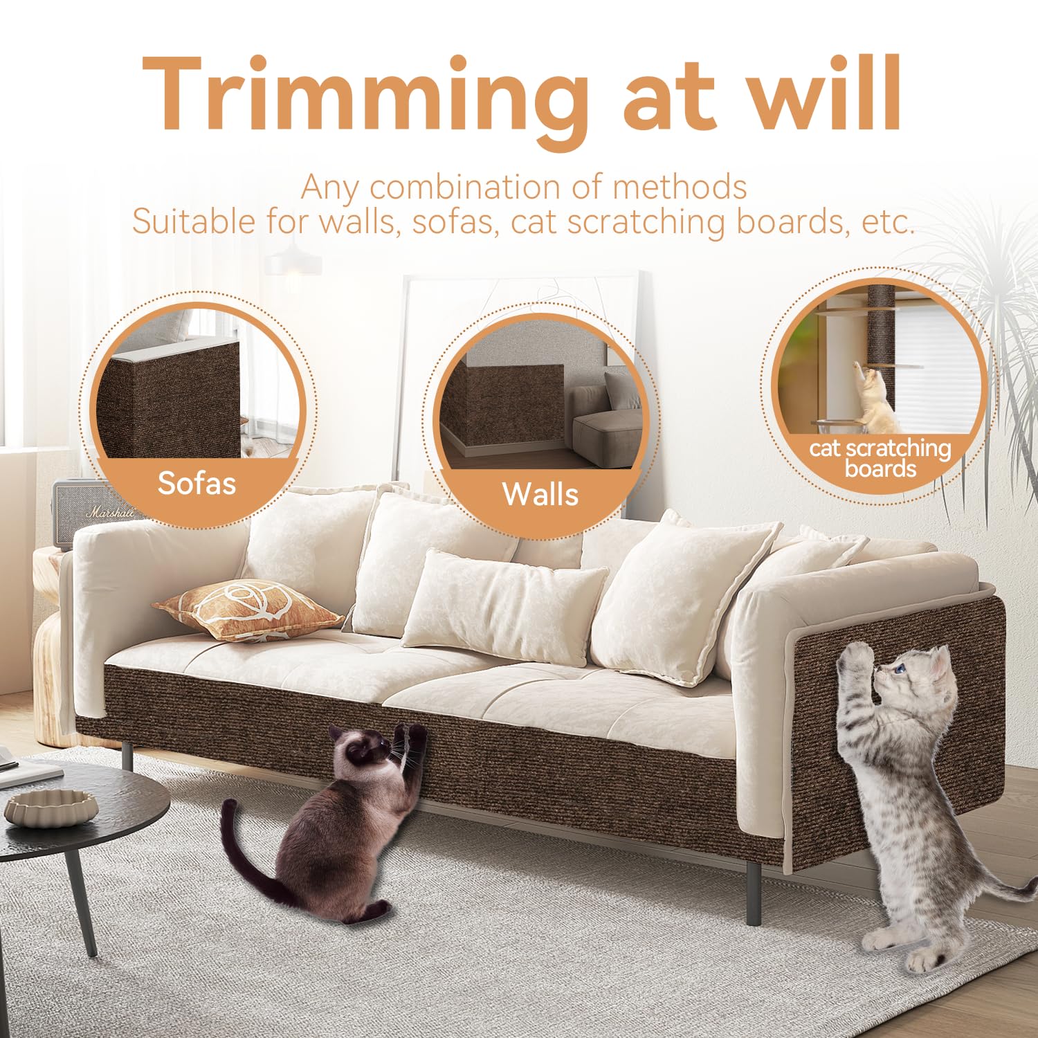 Protezione Divano Graffi Gatto, Tappeto Tiragraffi per Gatti Autoadesivo 200x40cm, Riutilizzabile e Tagliabile, Ideale per Divani, Mobili e Pareti, Tiragraffi divano, Sisal e Moquette (marrone)