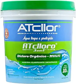 AtCllor, Cloro multifuncional 3 em 1, Orgânico, Concentrado e estabilizado para piscina, Clarifica, Algicida, Decanta, AtClloro, Teor de ativo 36,47%, Granulado, 10 Kg, Verde