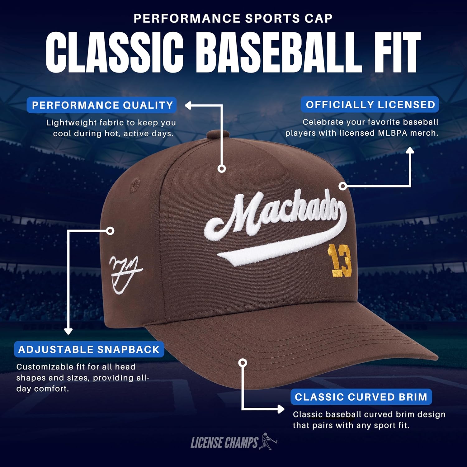 Officially Licensed MLBPA Baseball Hat Adjustable Snapback Cap, Embroidered Performance Curved Brim Hat for Men, Women & Kids