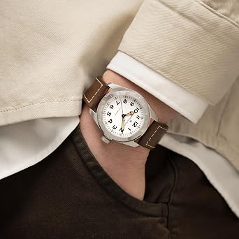 Hamilton Khaki Field Expedition Automatic Men's Watch, 41mm Stainless Steel Case, Swiss Made, White Dial Analog Wrist Watch, 100m Waterproof, Sapphire Crystal, 3-Hand Movement, Cow Leather Strap