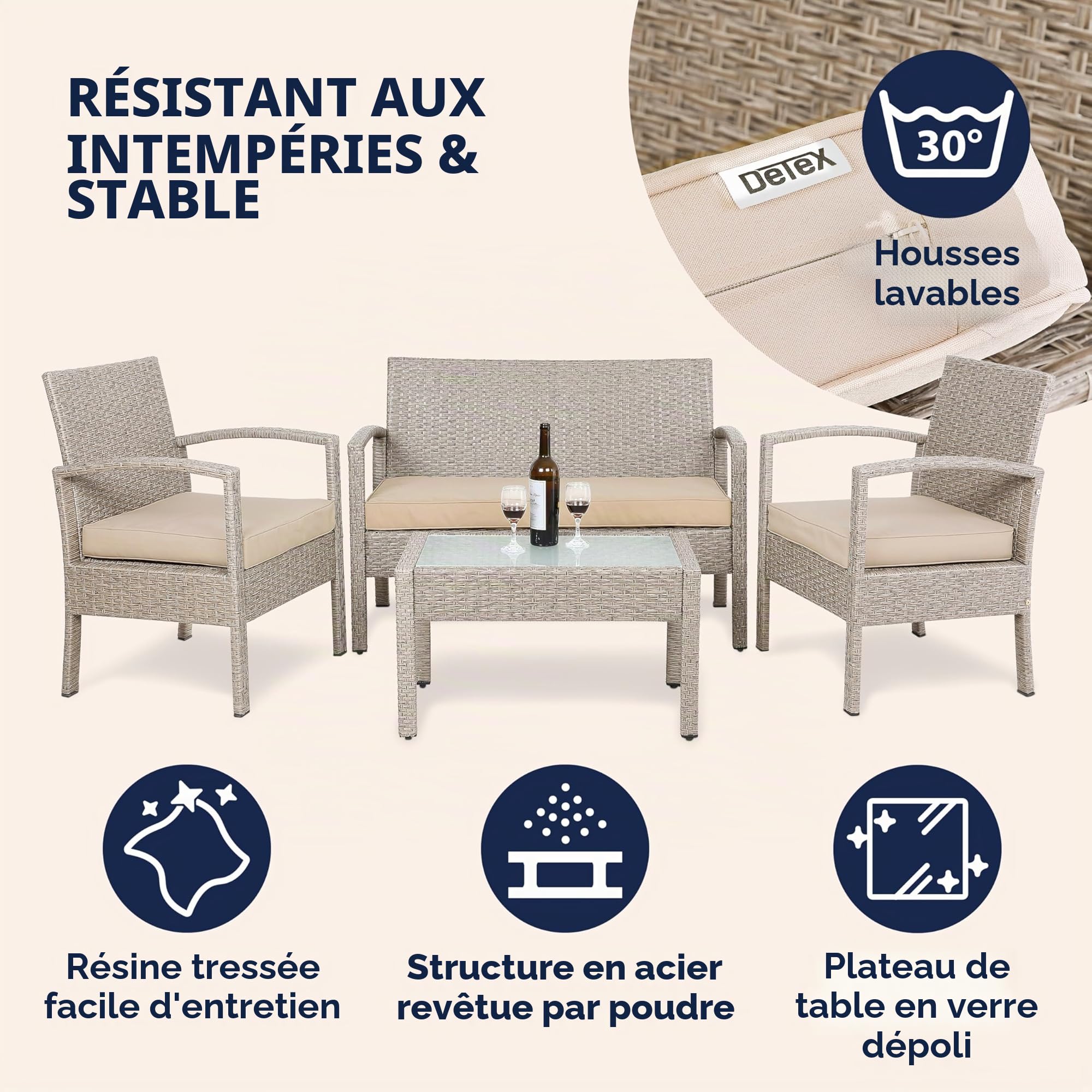 Casaria® Salon de Jardin en Polyrotin Crème 4 Personnes 2 chaises 1 Banc Meubles d'extérieur Jardin terrasse Balcon résistant intempéries