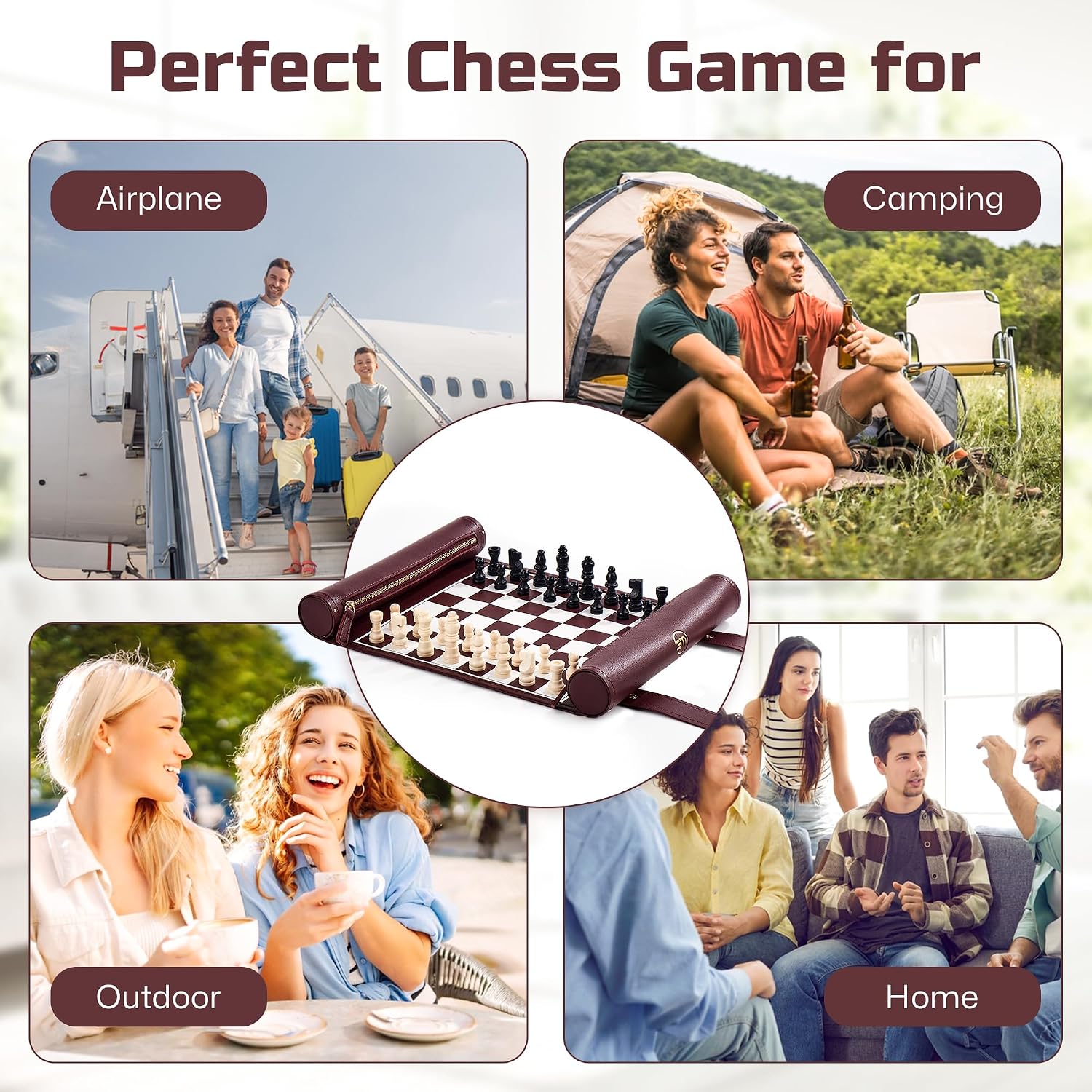 Roll Up Chess Set - 11" Foldable Leather Chess Mat with Wooden Chess Pieces - Portable Travel Chess Set with Straps - Perfect Chess Game for Airplane, Camping, and More (Wine)
