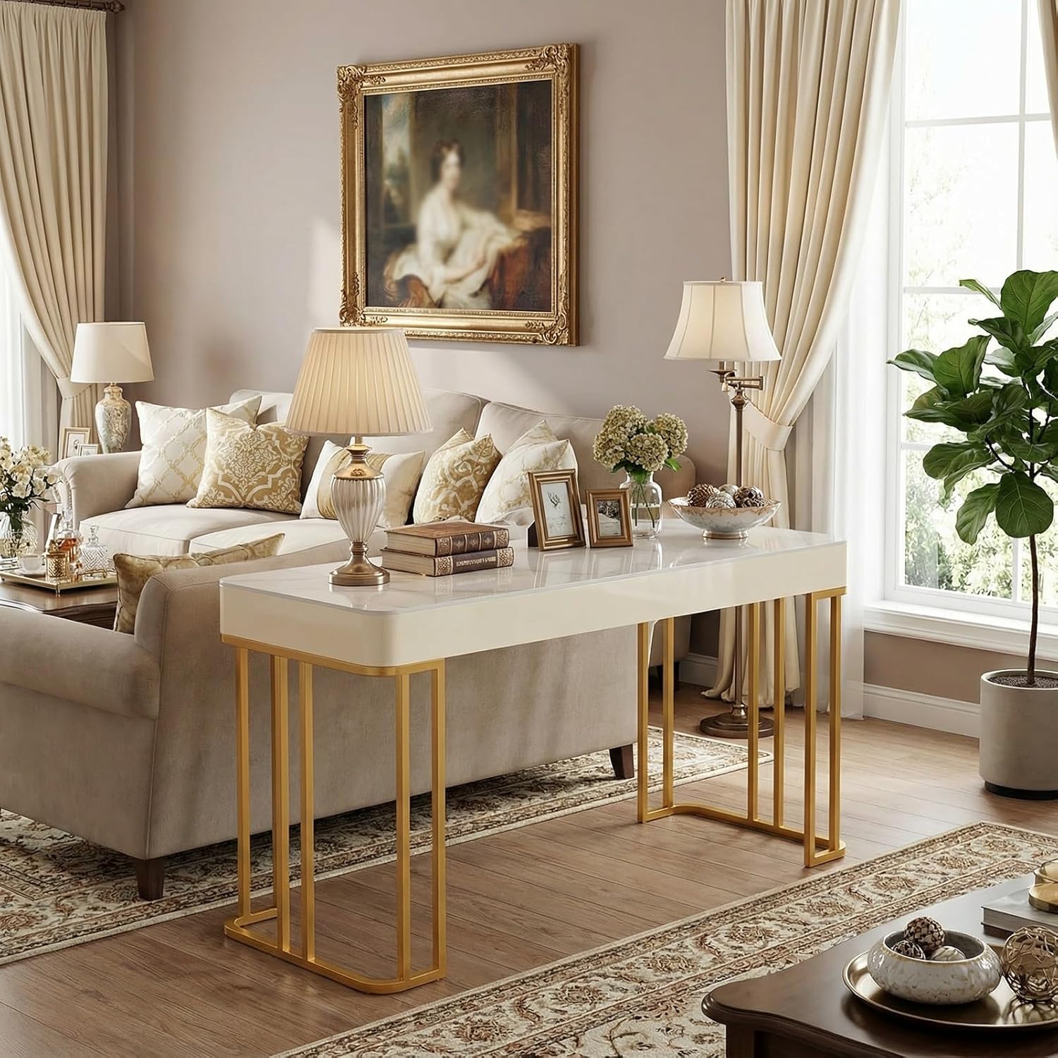 Executive Desk with Drawers Storage Modern Home Office Desk High-Hardness Sintered Stone Tabletop Marble Metal Table Legs Computer Desk Luxury Design(Brown+Gold,55.1x23.6x29.5in)