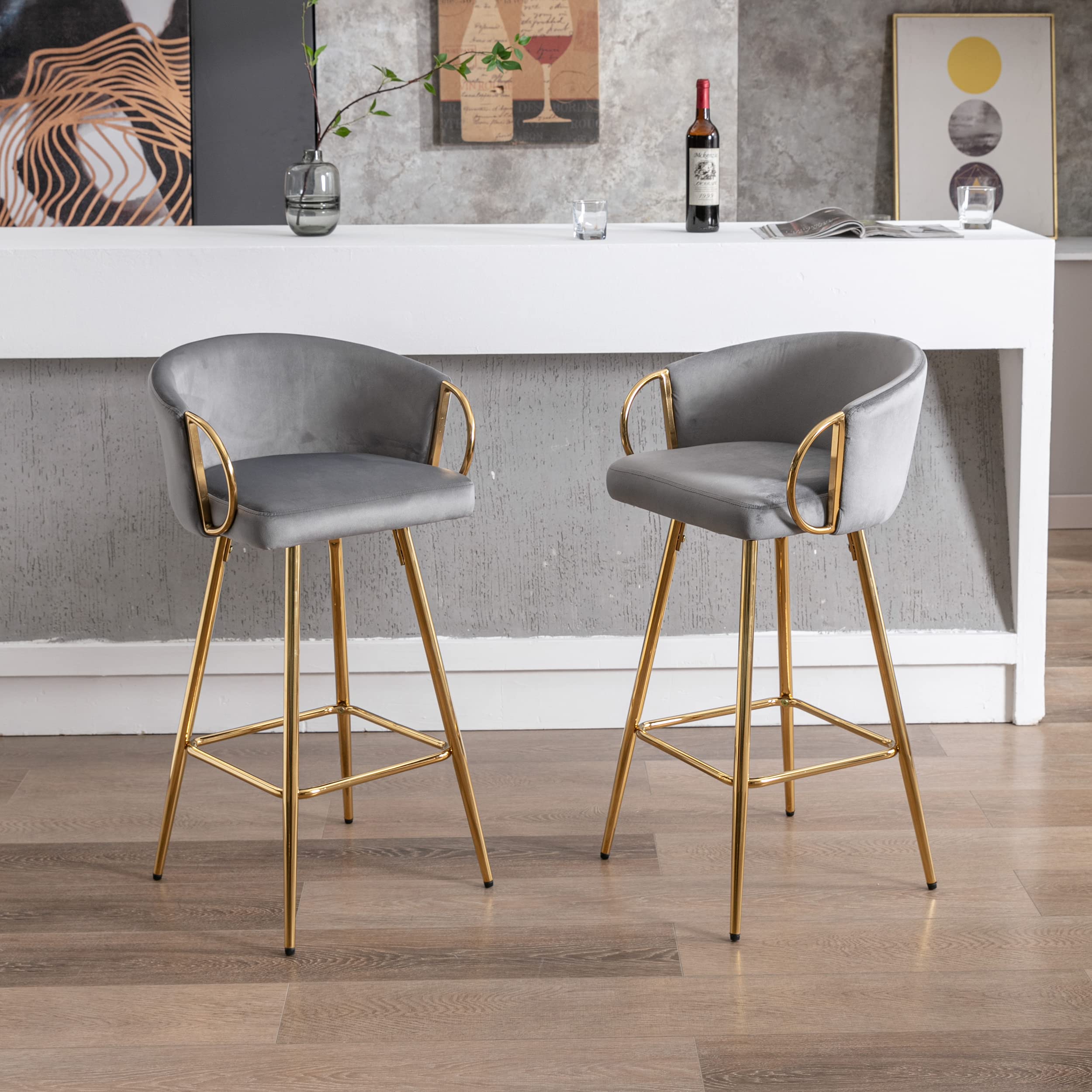 30 inch bar stools set of 2: modern velvet upholstered with golden metal legs & chrome footrest - gray kitchen counter stools for home bar & dining room - 28.74" l x 16.92" w x 18.5" h