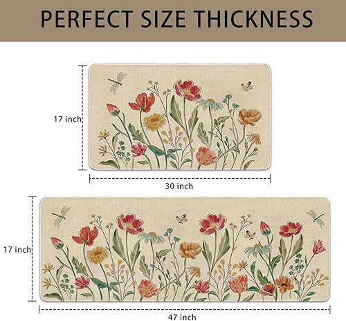 Miniatura 10 de Juego de 2 tapetes y tapetes de cocina con diseño floral de primavera, diseño floral de acuarela para piso, decoración de fregadero de cocina de