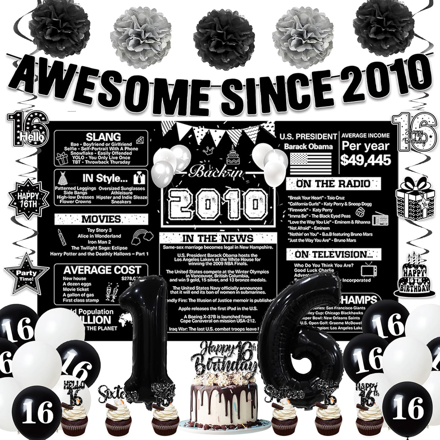 Crenics Black 16th Birthday Decorations for Boys Girls - Back in 2010 Backdrop, Awesome Since 2010 Banner, Paper Pom Poms, Hanging Swirls, Cake Topper and Balloons for Sweet 16 Party Supplies