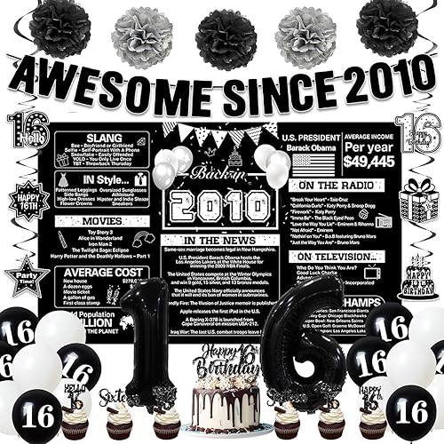 Crenics Decoraciones negras de cumpleaños número 16 para niños y niñas, telón de fondo del año 2010, impresionante desde 2010, pompones de papel,