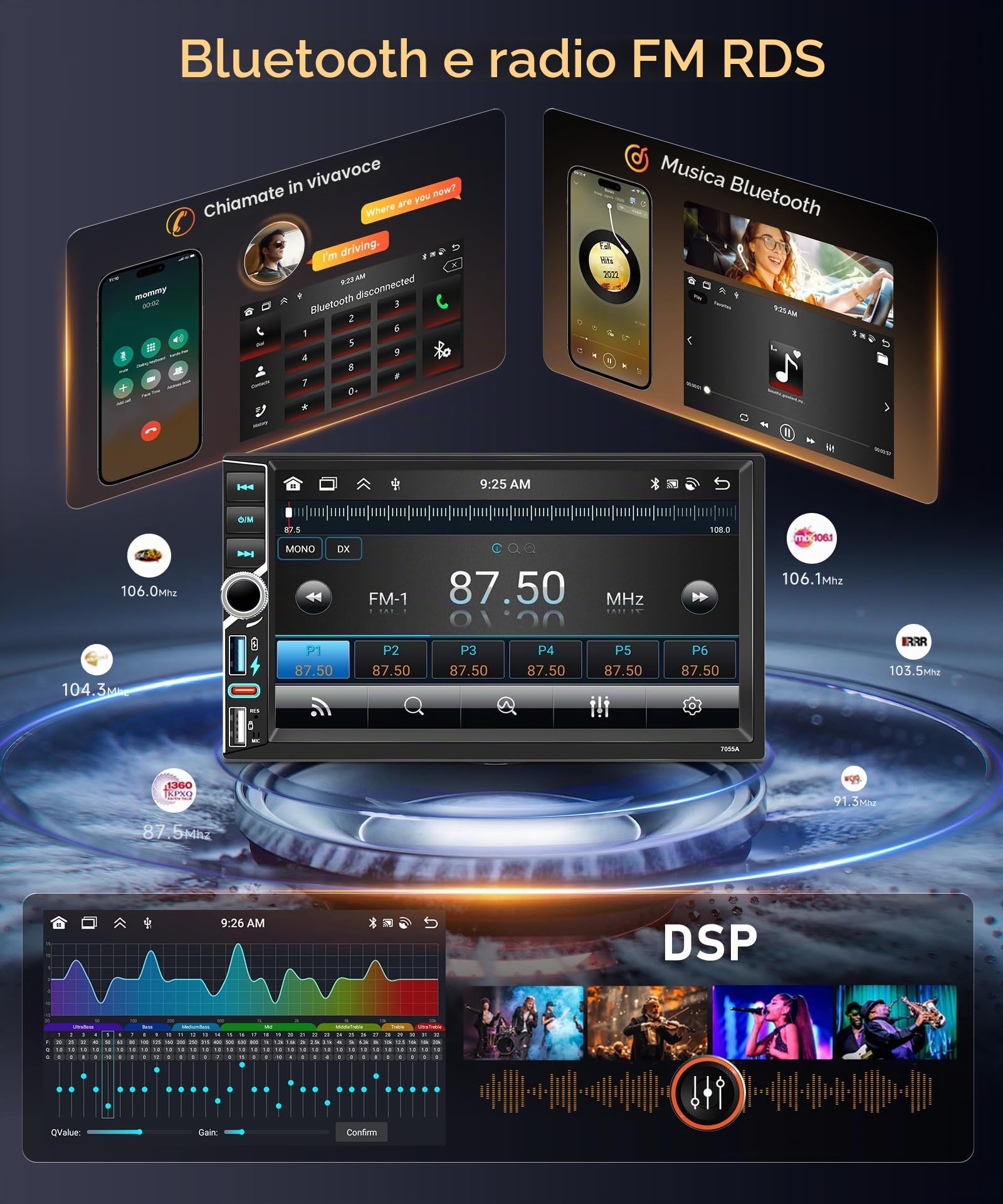 【8 Core 4+64G】2025 Hodozzy Stereo Auto Android 2 Din con Carplay Wireless con 2 USB USB-C, Schermo QLED da 7 Pollici, Autoradio Bluetooth con Android Auto/DSP/WiFi/RDS/FM + Telecamera Posteriore