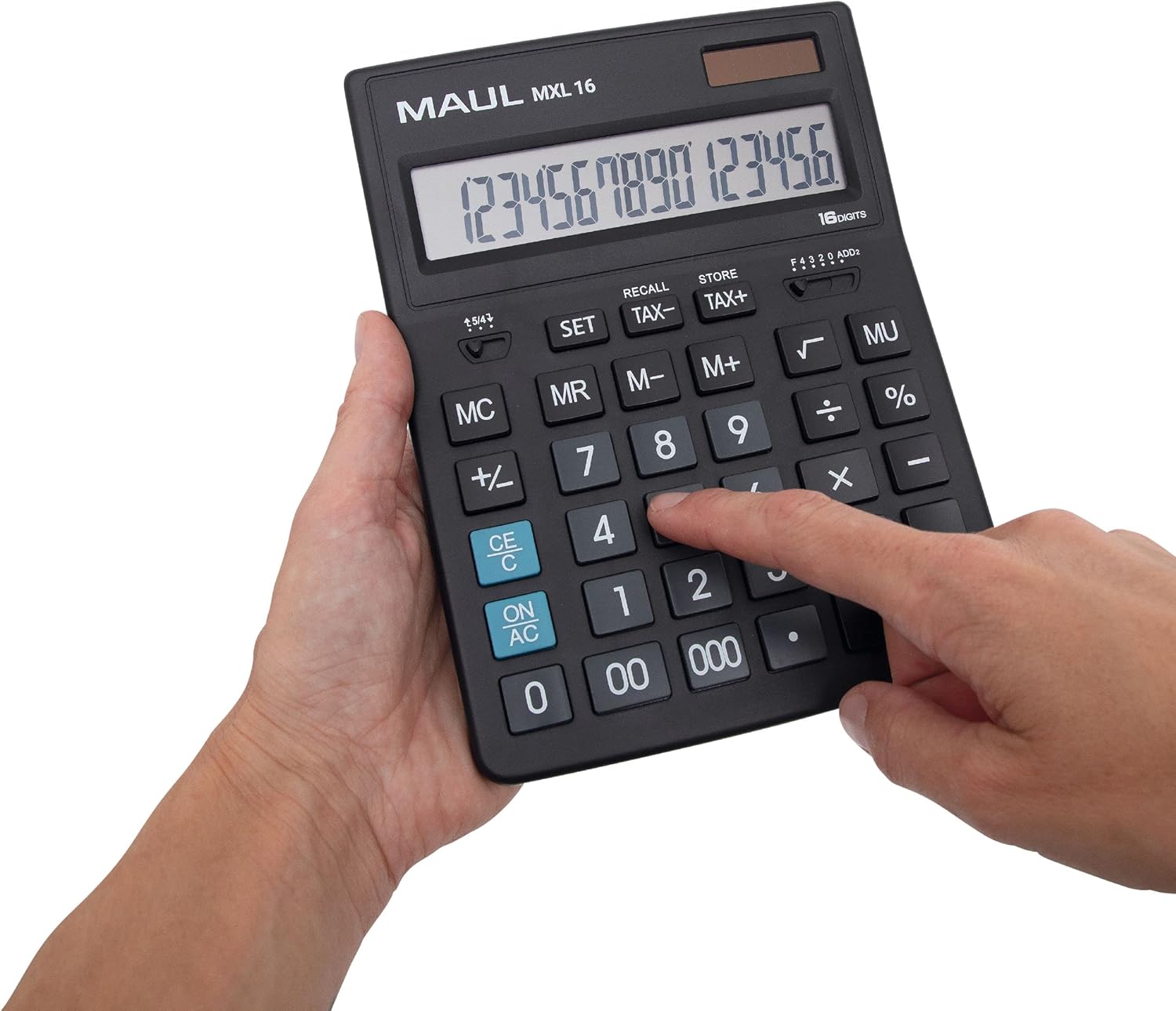 A hand pressing a button on the MAUL MXL16 calculator, demonstrating active use.