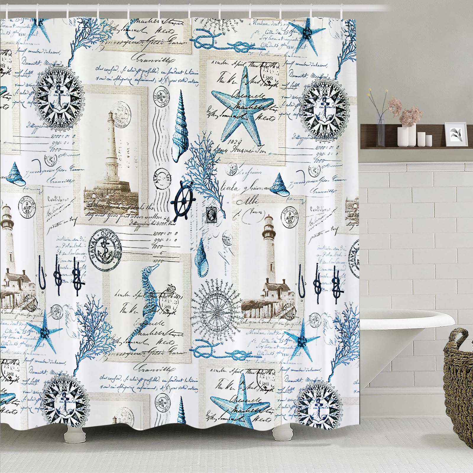 Simpomsy Nautical Shower Curtain Sailboat Compass Anchor Bathroom Curtain Waterproof Mildew & Mould Resistant Polyester Fabric Bath Curtain with 12 Hooks 150x180cm