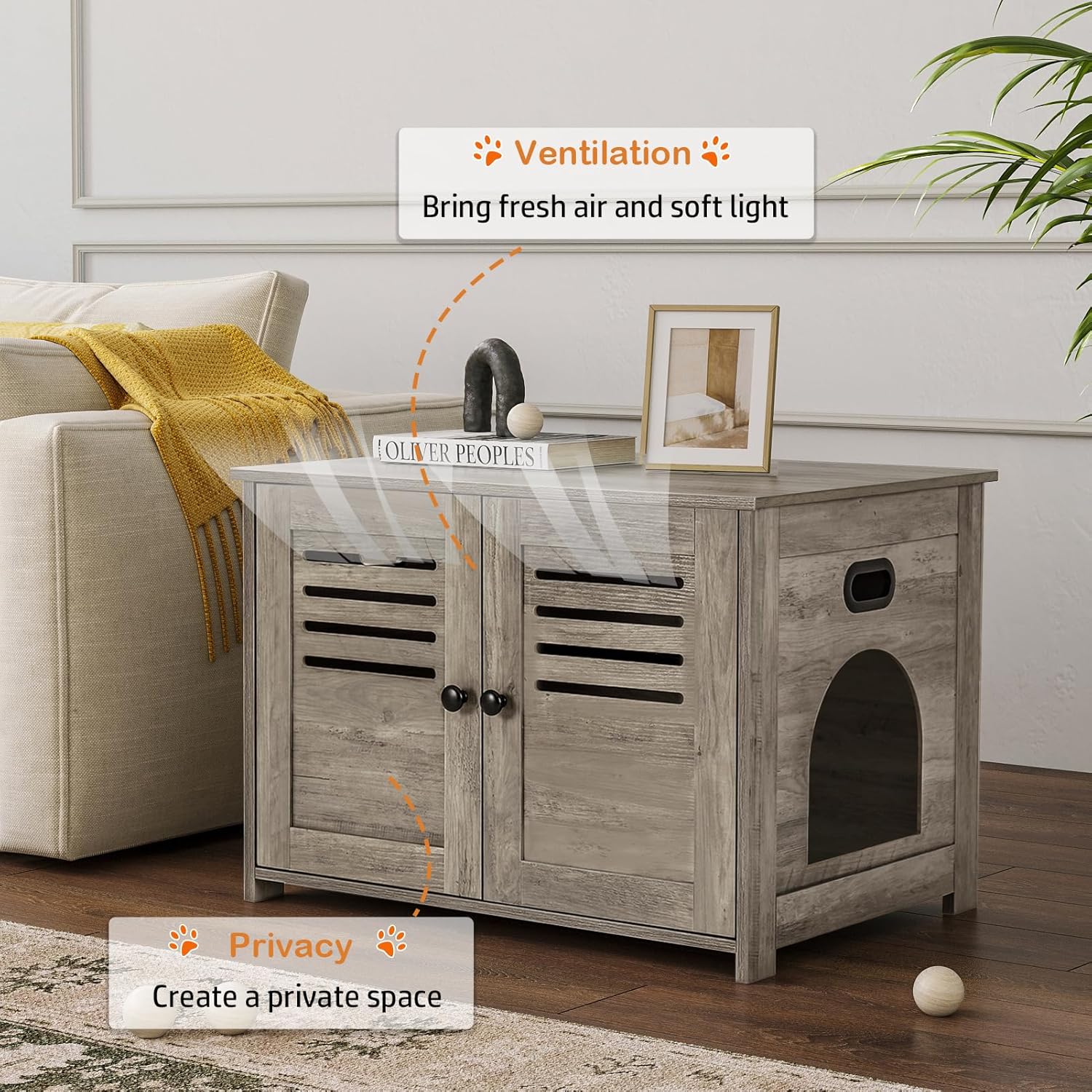 DINZI LVJ Litter Box Enclosure, Cat Litter House with Louvered Doors, Entrance Can Be on Left or Right Side, Spacious Hidden Washroom for Most of Box, Furniture Cabinet, Gray Wash