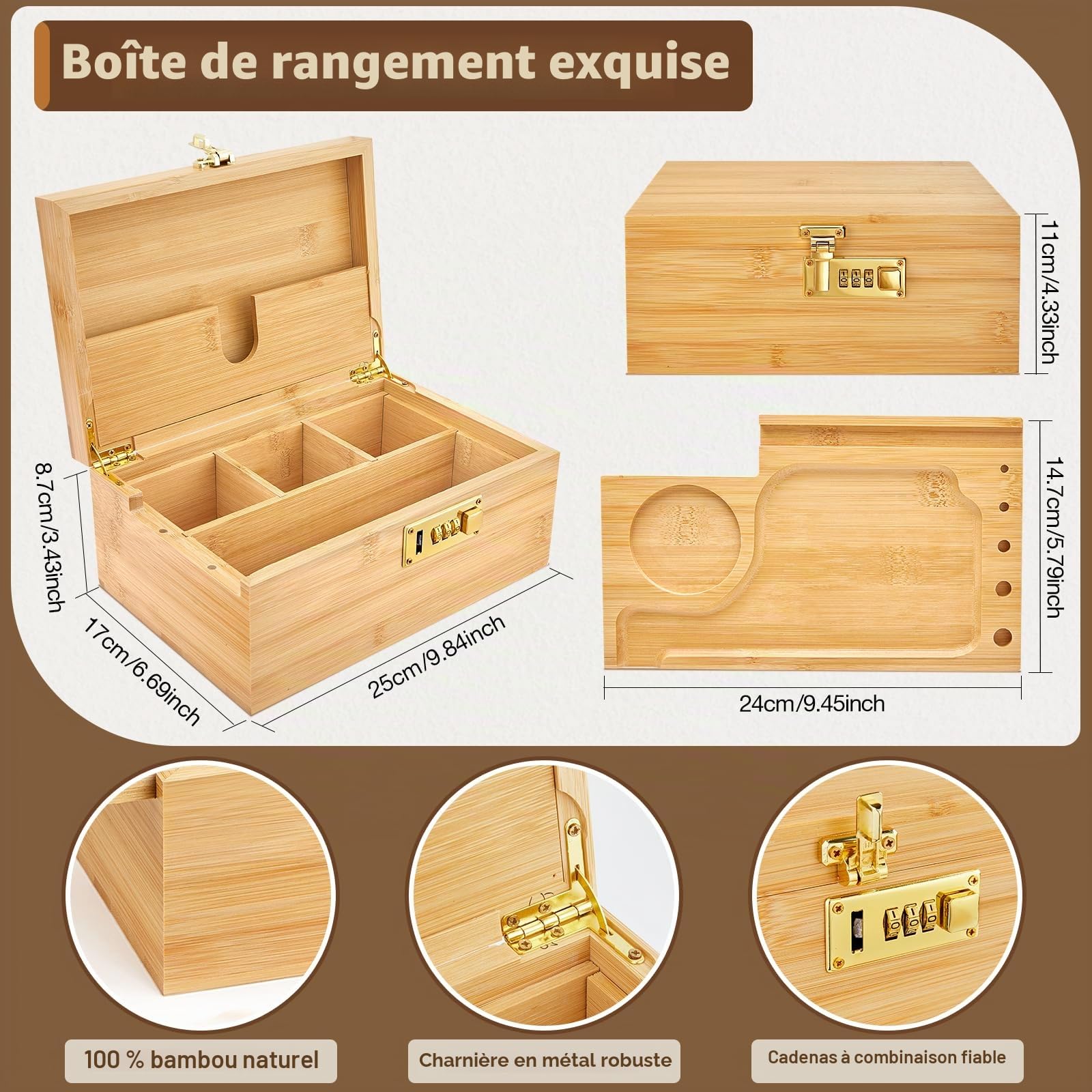 Grande Boîte de Rangement en Bambou avec Serrure à Combinaison, Boîte de Rangement en Bois avec Plateau Roulant Amovible, Broyeur, 2 Bocaux en Verre, 2 Tubes Coniques et Tous Accessoires